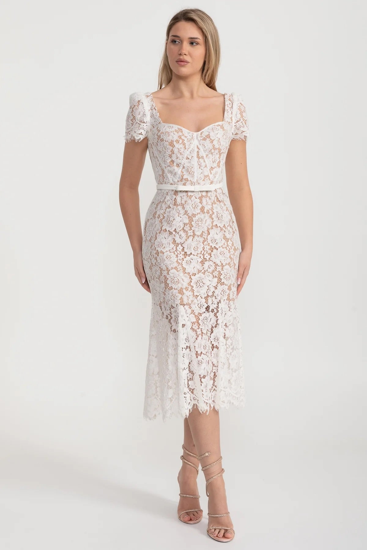 Lace Midi Dress with Sweetheart Neckline and Short Sleeves - White