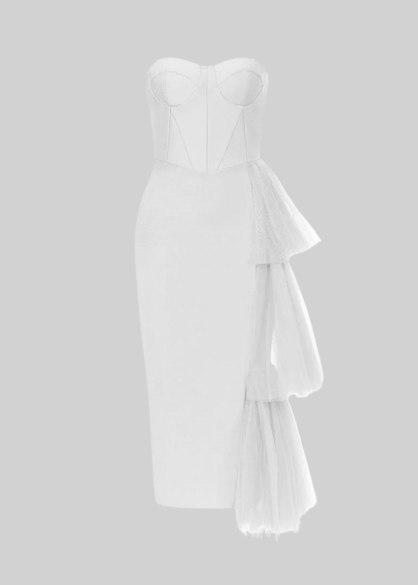 Fitted Midi Dress With Flowing Tulle Side Accents - White