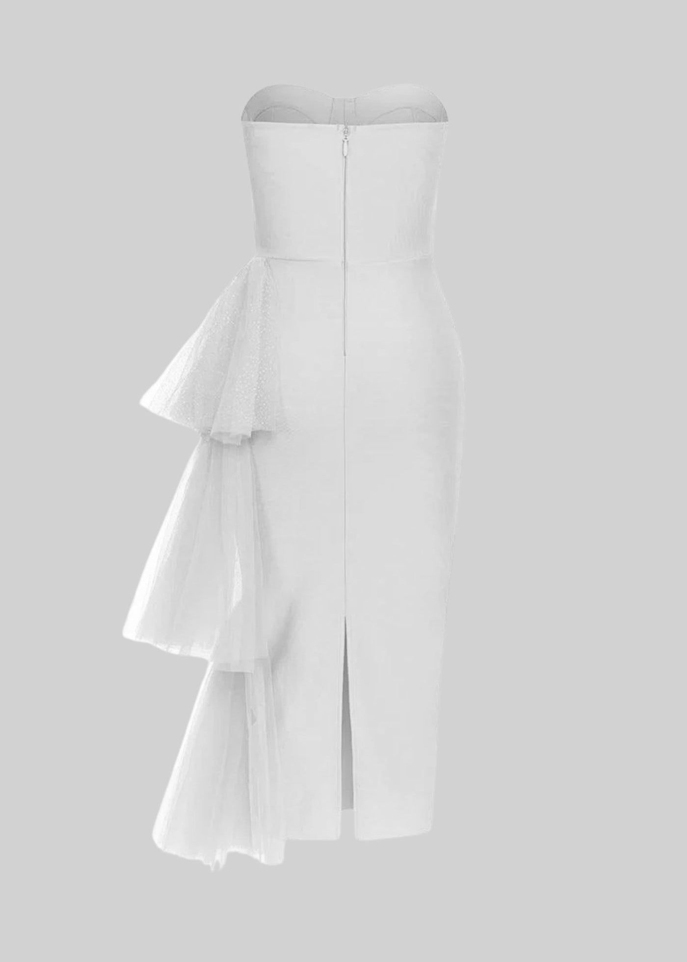 Fitted Midi Dress With Flowing Tulle Side Accents - White