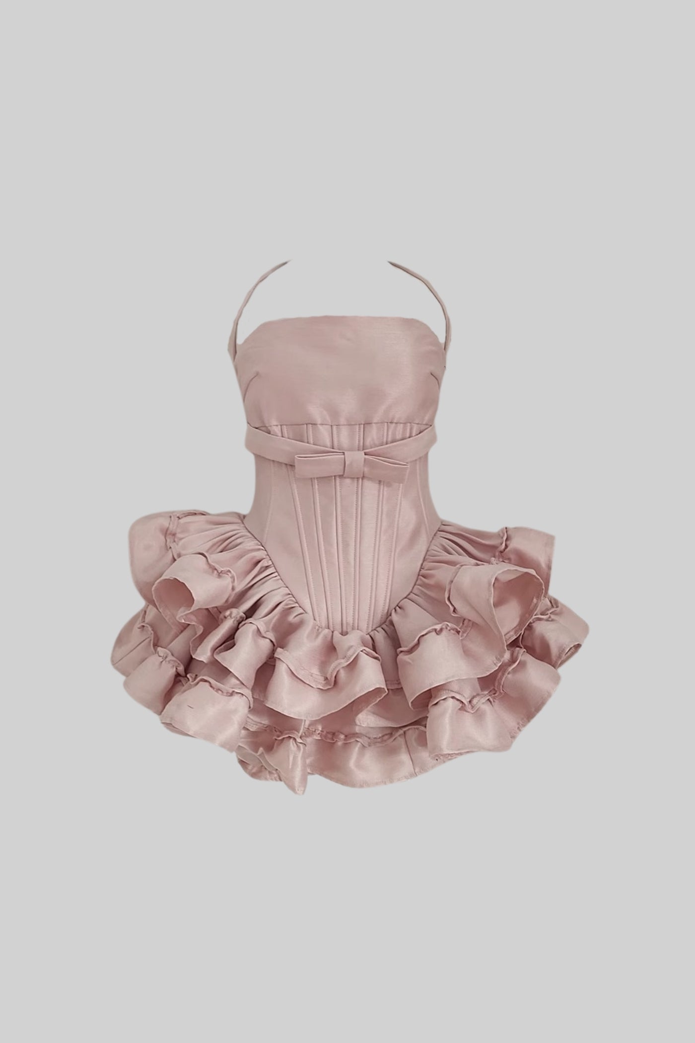 Halter Mini Dress with Corset Bodice and Ruffled Skirt - Pink