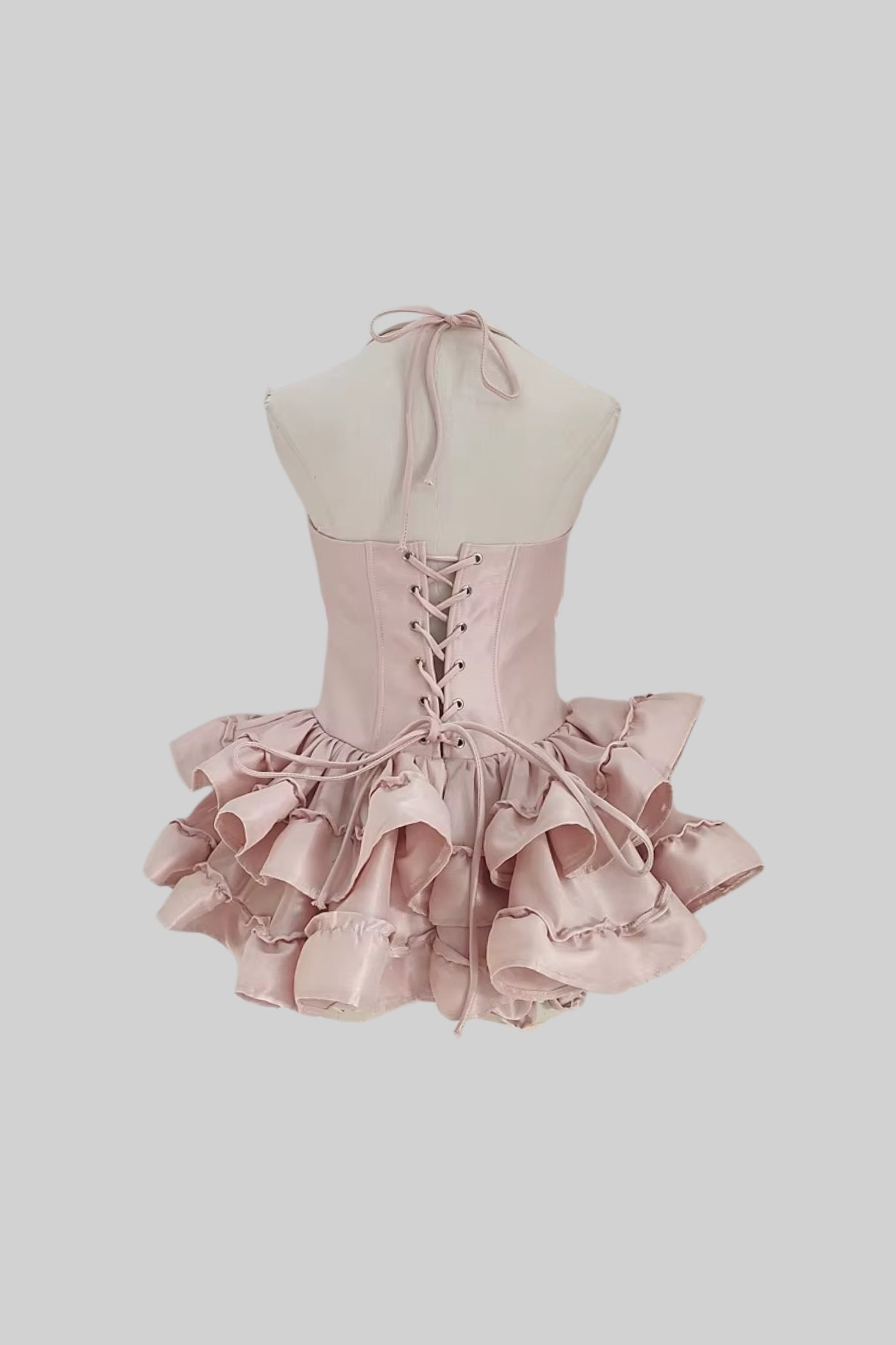 Halter Mini Dress with Corset Bodice and Ruffled Skirt - Pink