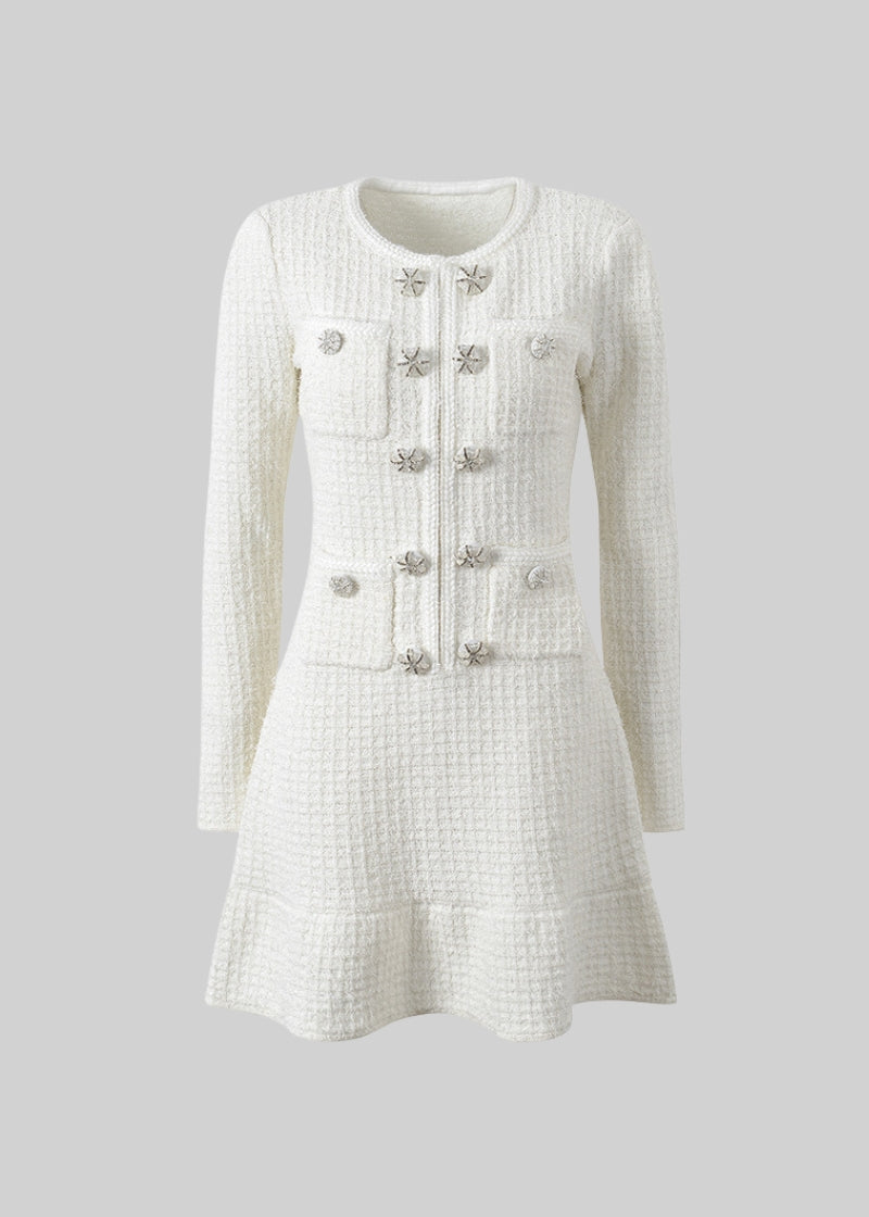 Long Sleeve Knee-Length Knitted Dress - White