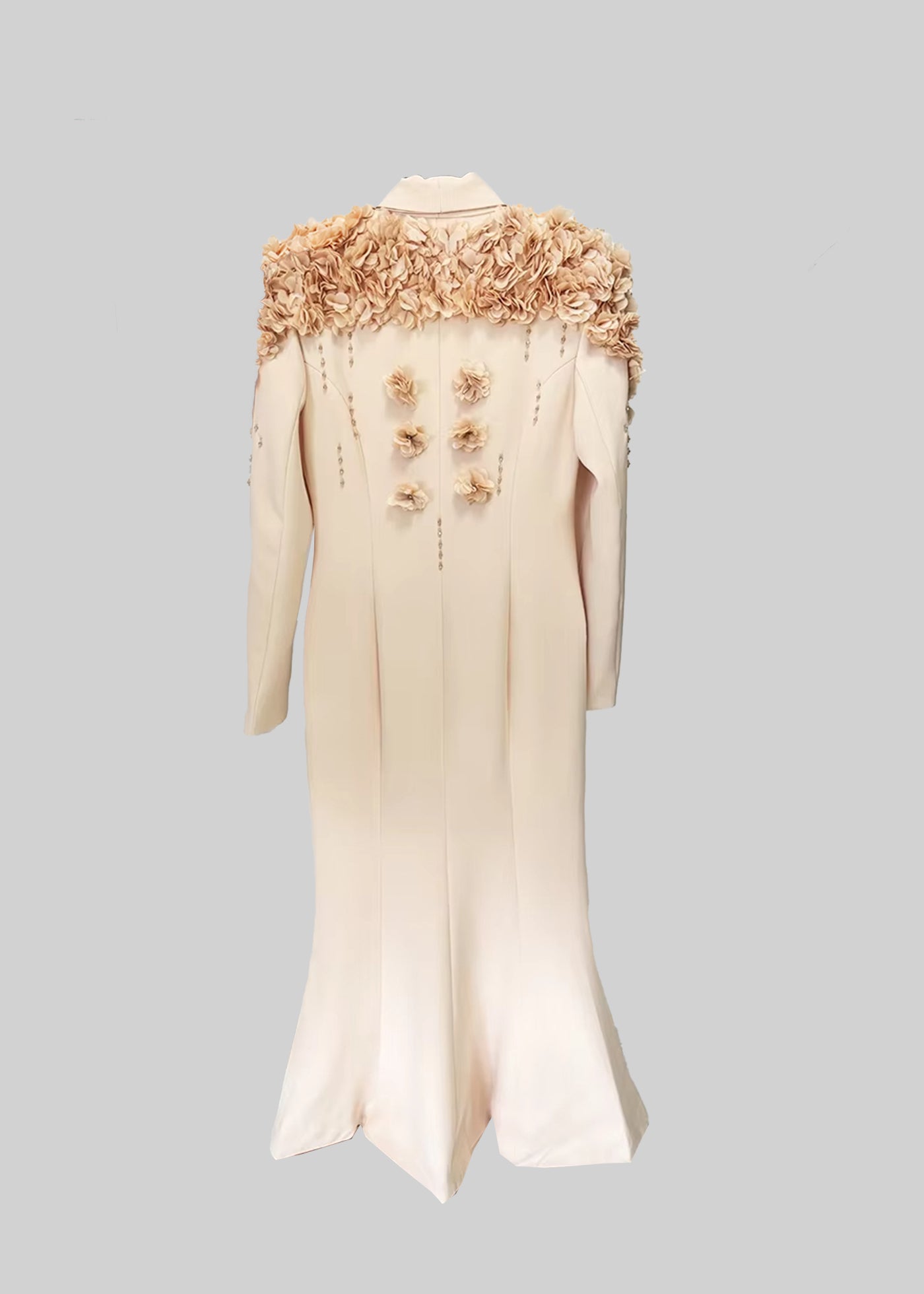 Elegant Overcoat With Textured Floral Shoulder Design - Beige