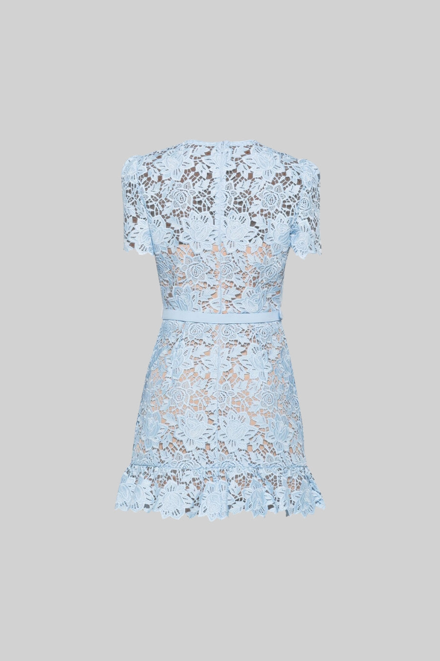 Short Sleeve Lace Floral Dress With Belt - Blue