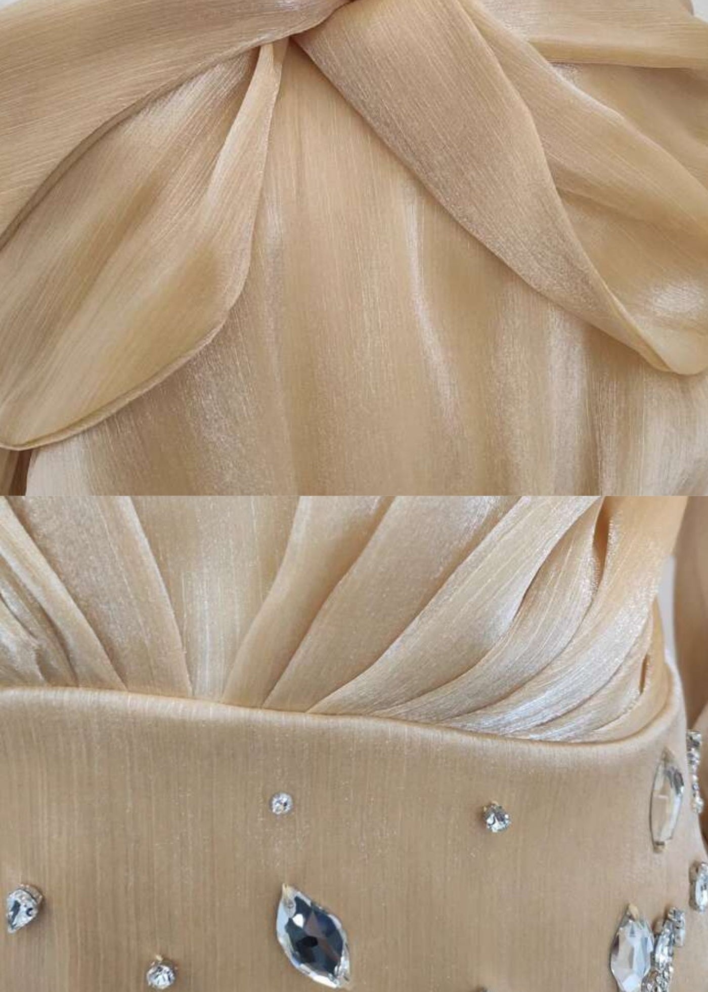 Off-Shoulder Mini Dress With Sparkling Skirt Embellishments - Beige