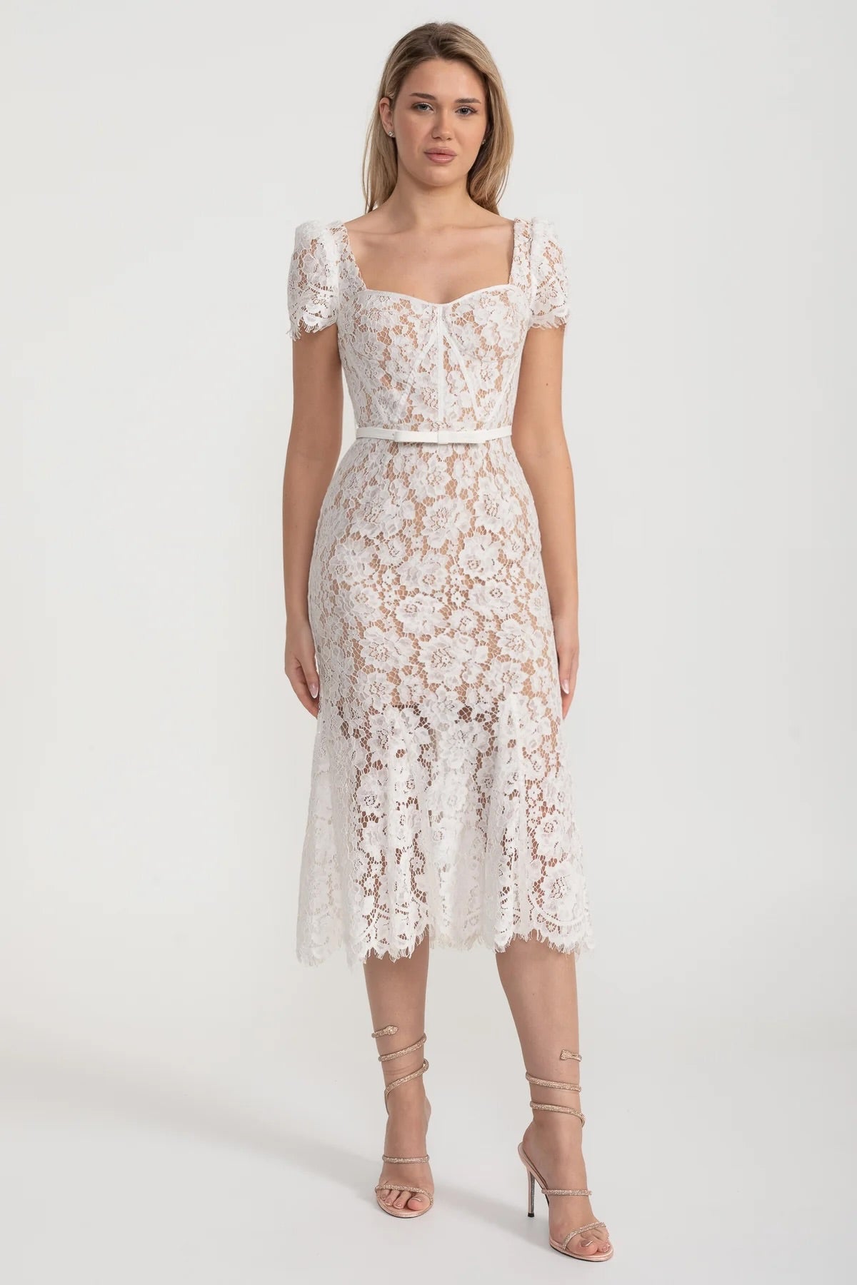 Lace Midi Dress with Sweetheart Neckline and Short Sleeves - White