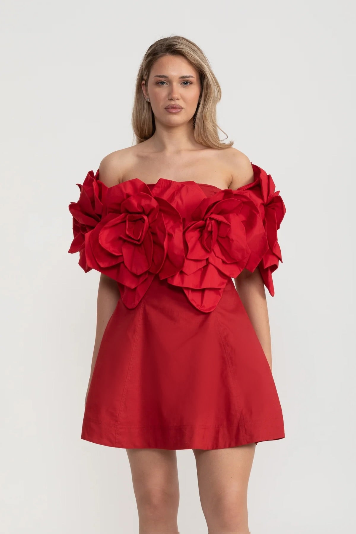 Off-Shoulder Mini Dress with Oversized Floral Appliqués - Red