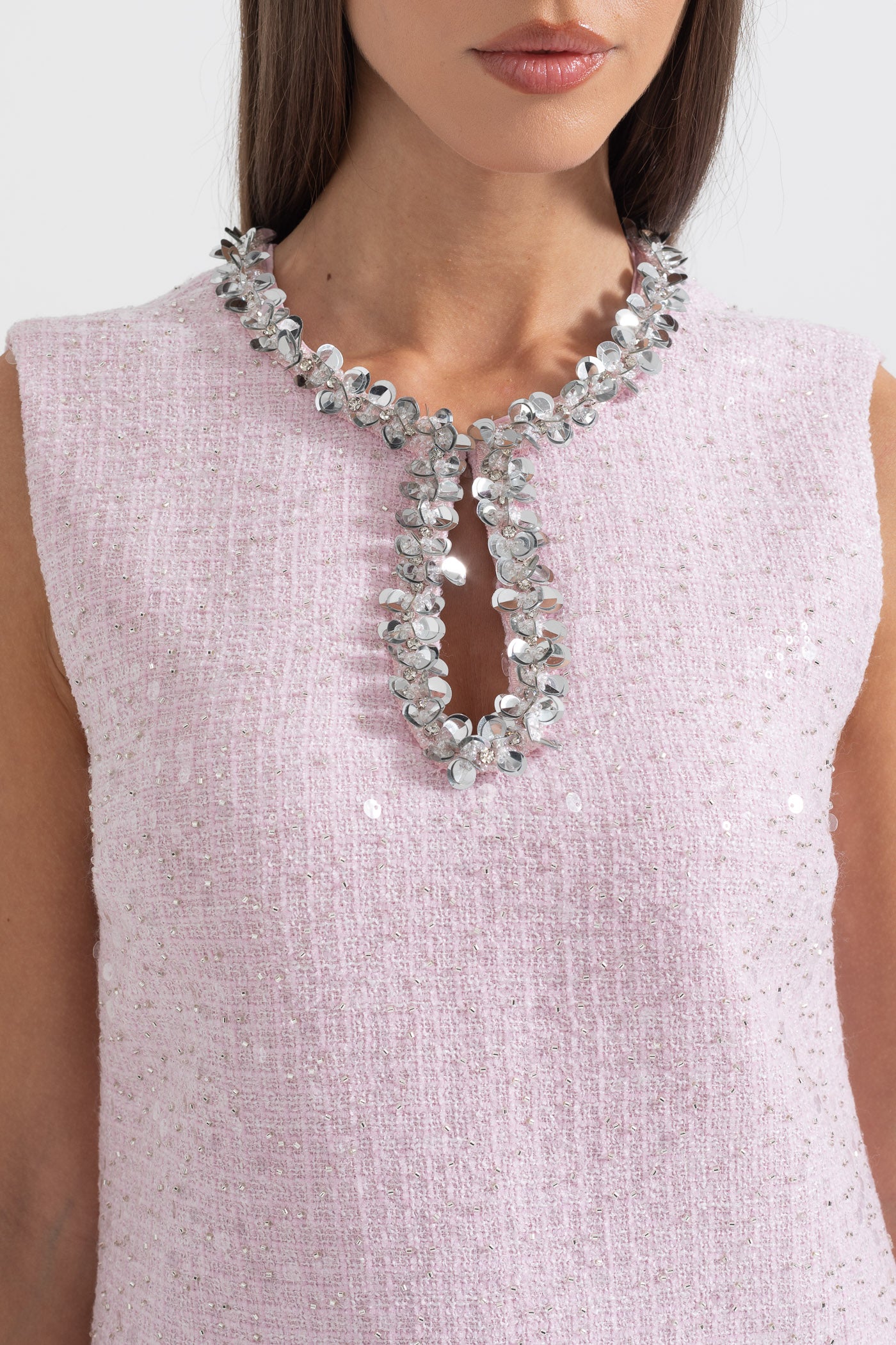 Textured Mini Dress With Silver Sequin Collar Detailing - Pink