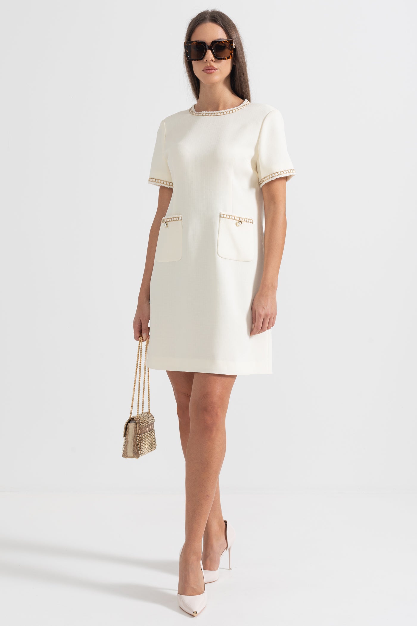 Short Sleeve Mini Dress With Golden Details - Ivoire