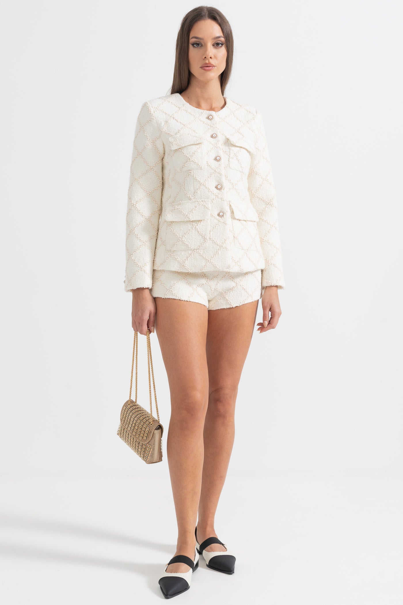 Diamond Patterned Jacket With Matching Shorts - Ivoire