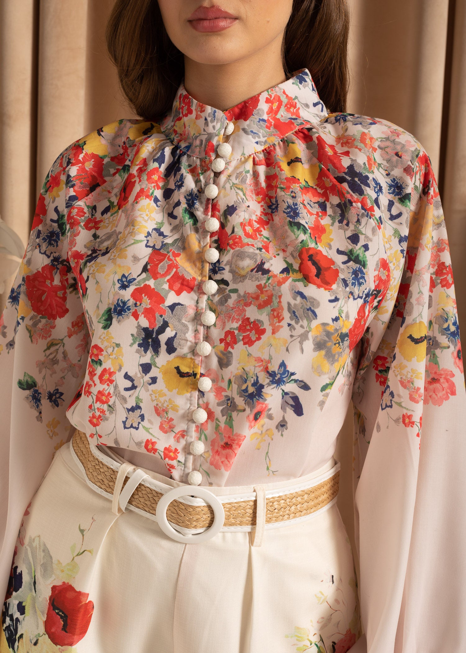 Floral Ensemble With Long Sleeves Shirt And Matching High-Waisted Shorts - White