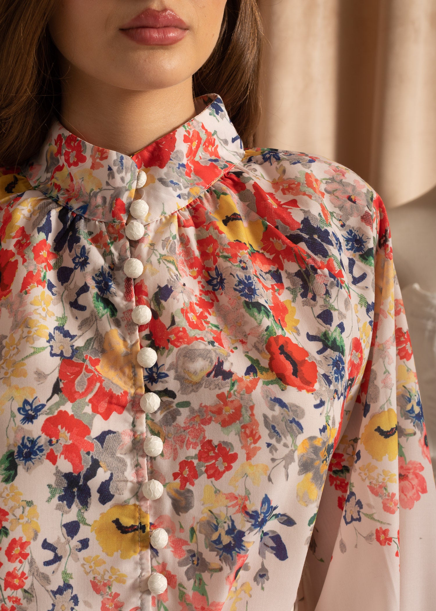 Floral Ensemble With Long Sleeves Shirt And Matching High-Waisted Shorts - White