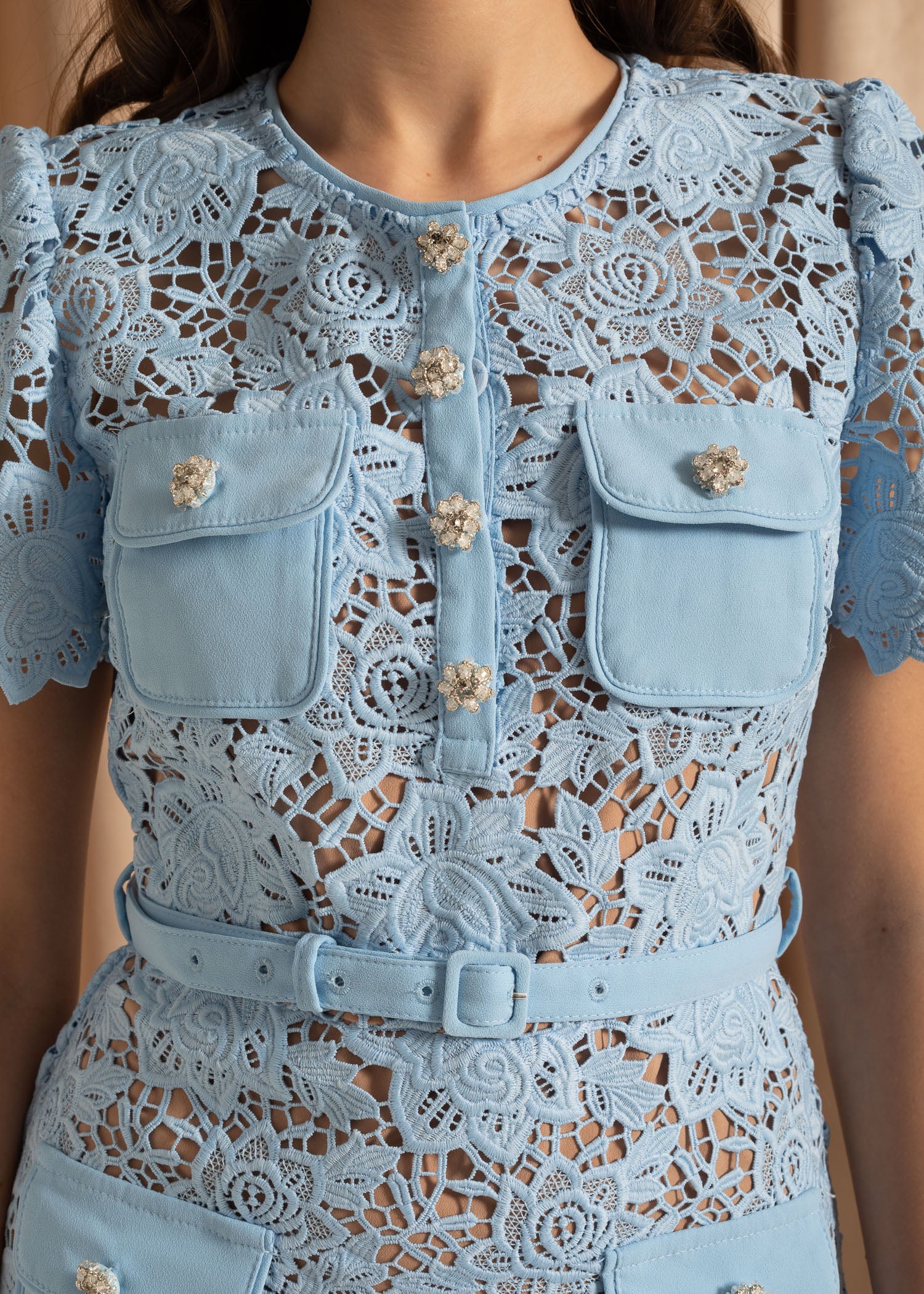 Short Sleeve Lace Floral Dress With Belt - Blue
