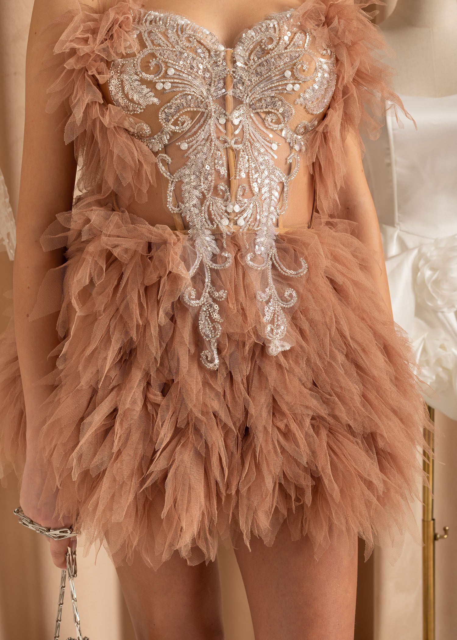Elegant Feathered Co-Ord With Silver Sequin Motif - Beige