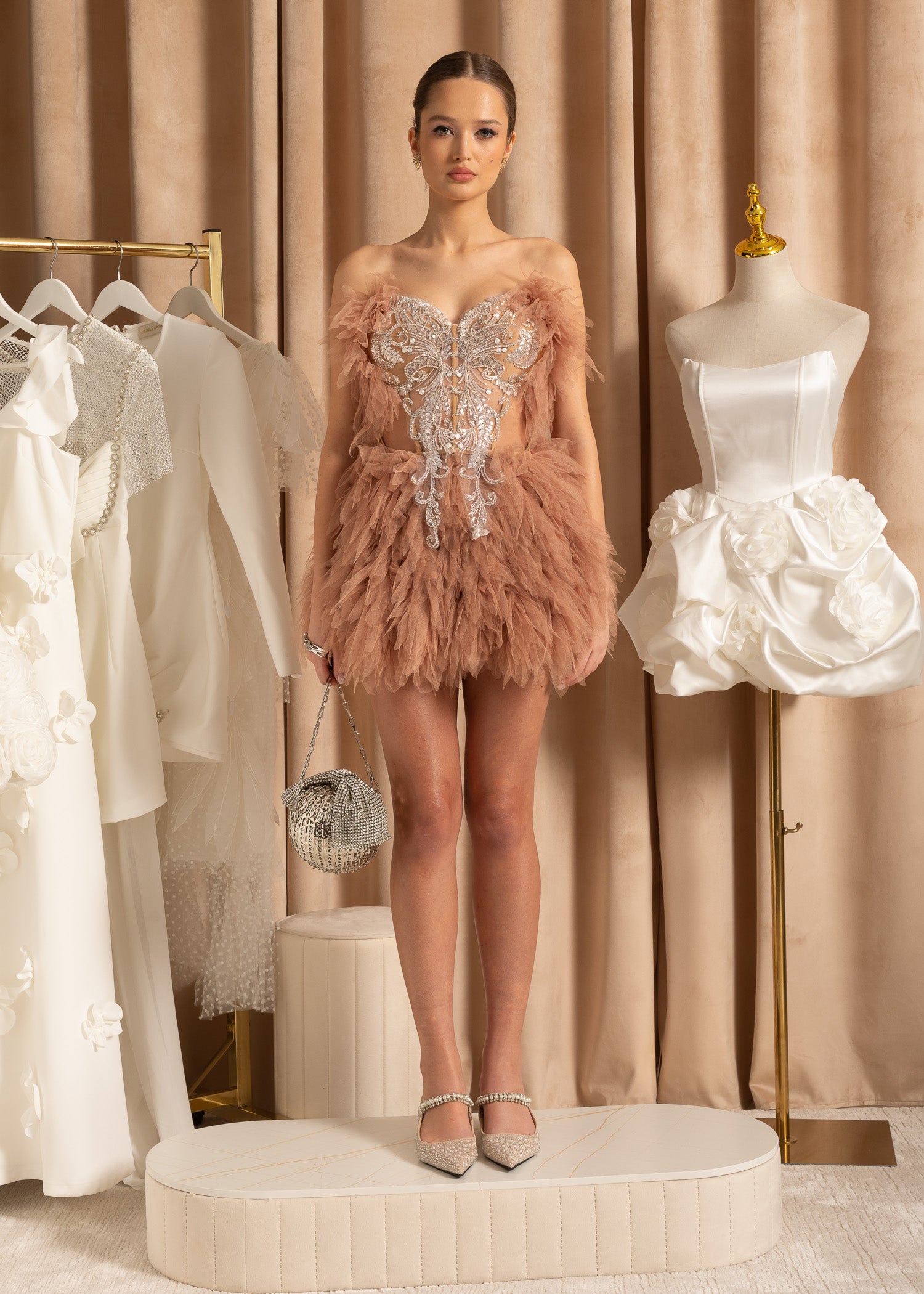 Elegant Feathered Co-Ord With Silver Sequin Motif - Beige