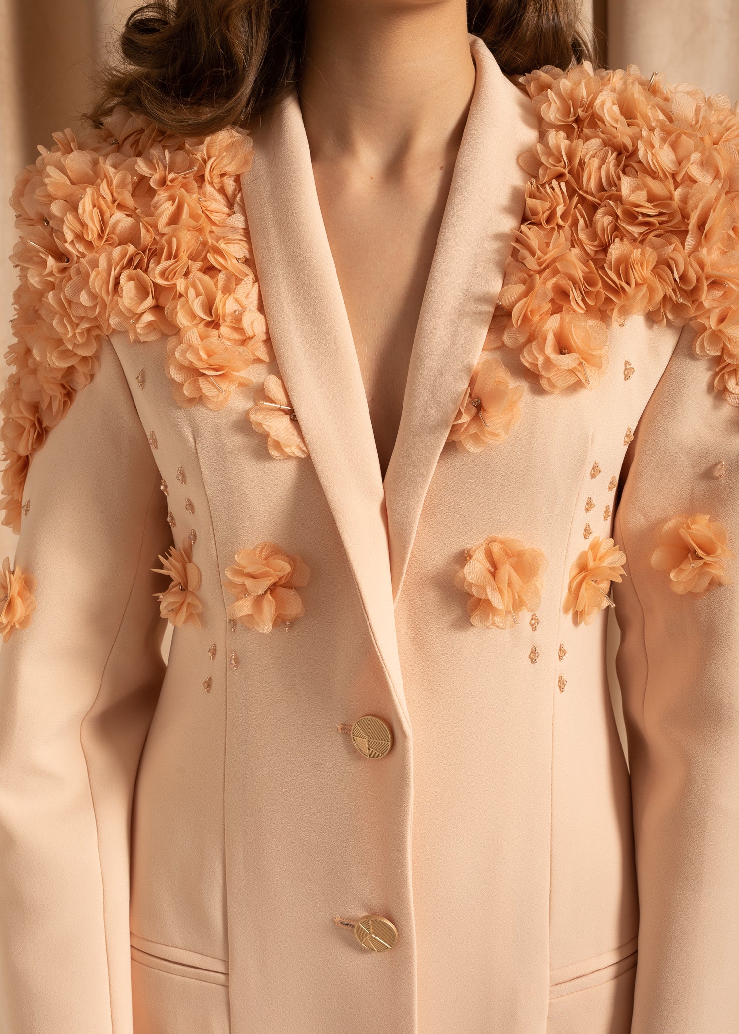 Elegant Overcoat With Textured Floral Shoulder Design - Beige