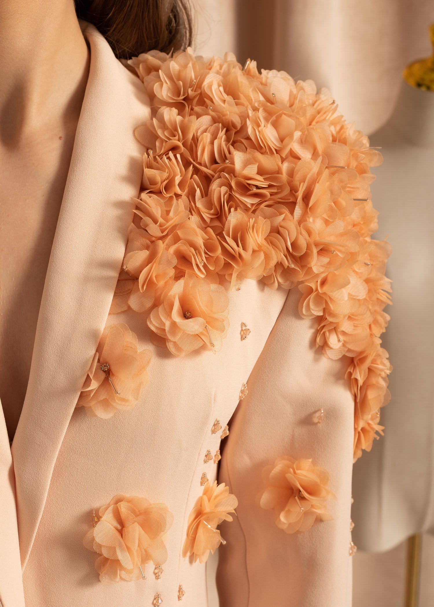 Elegant Overcoat With Textured Floral Shoulder Design - Beige