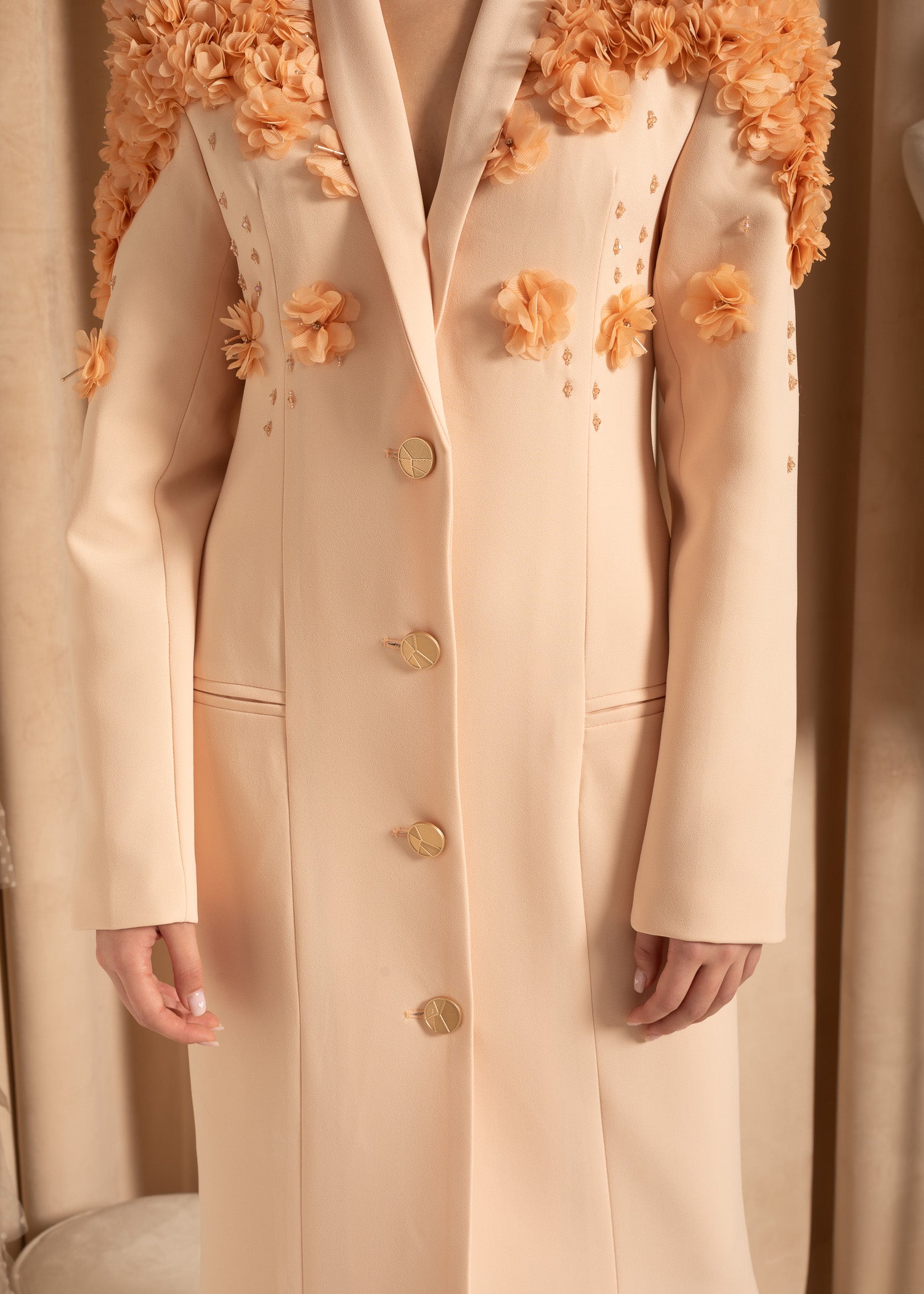 Elegant Overcoat With Textured Floral Shoulder Design - Beige