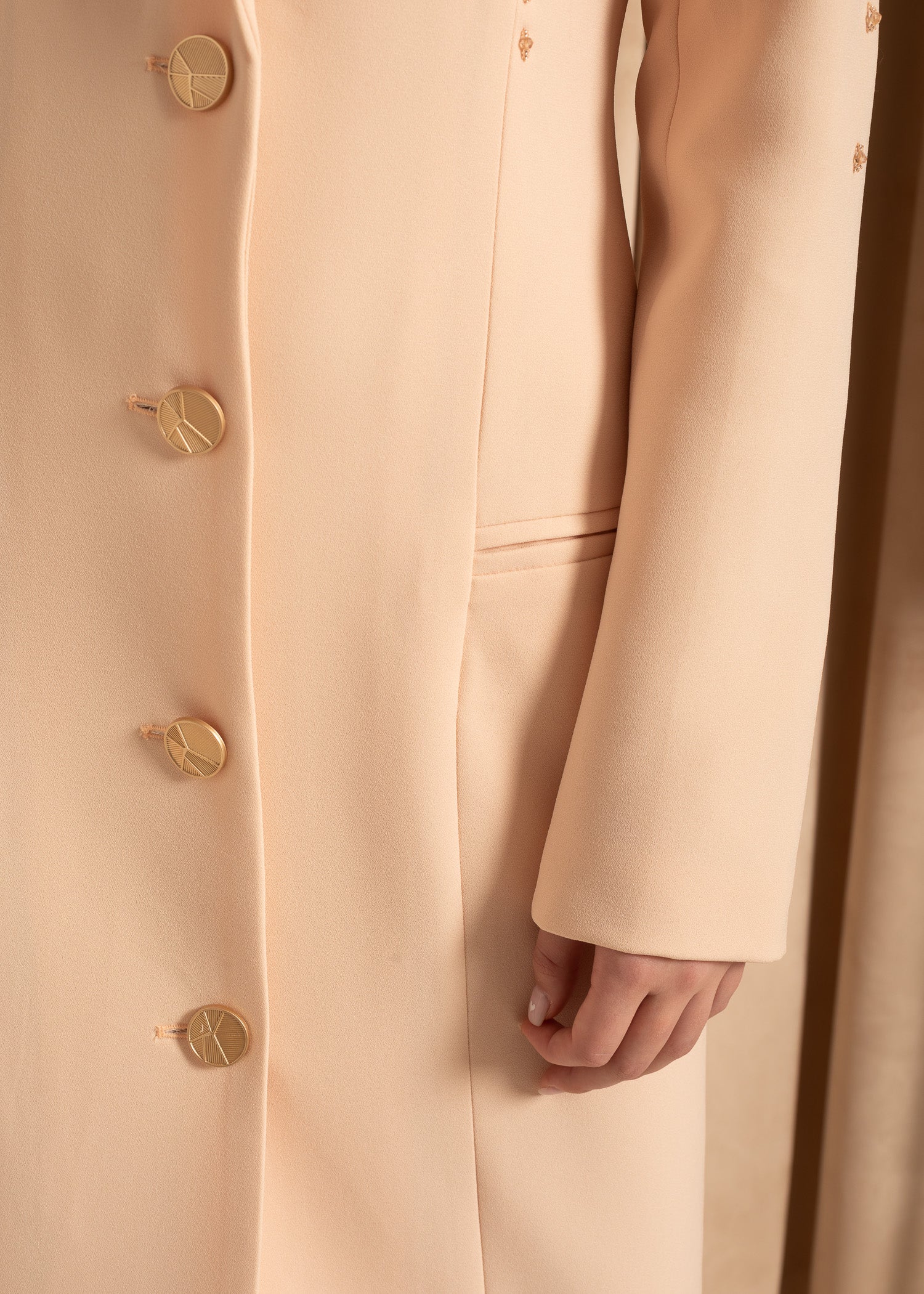 Elegant Overcoat With Textured Floral Shoulder Design - Beige