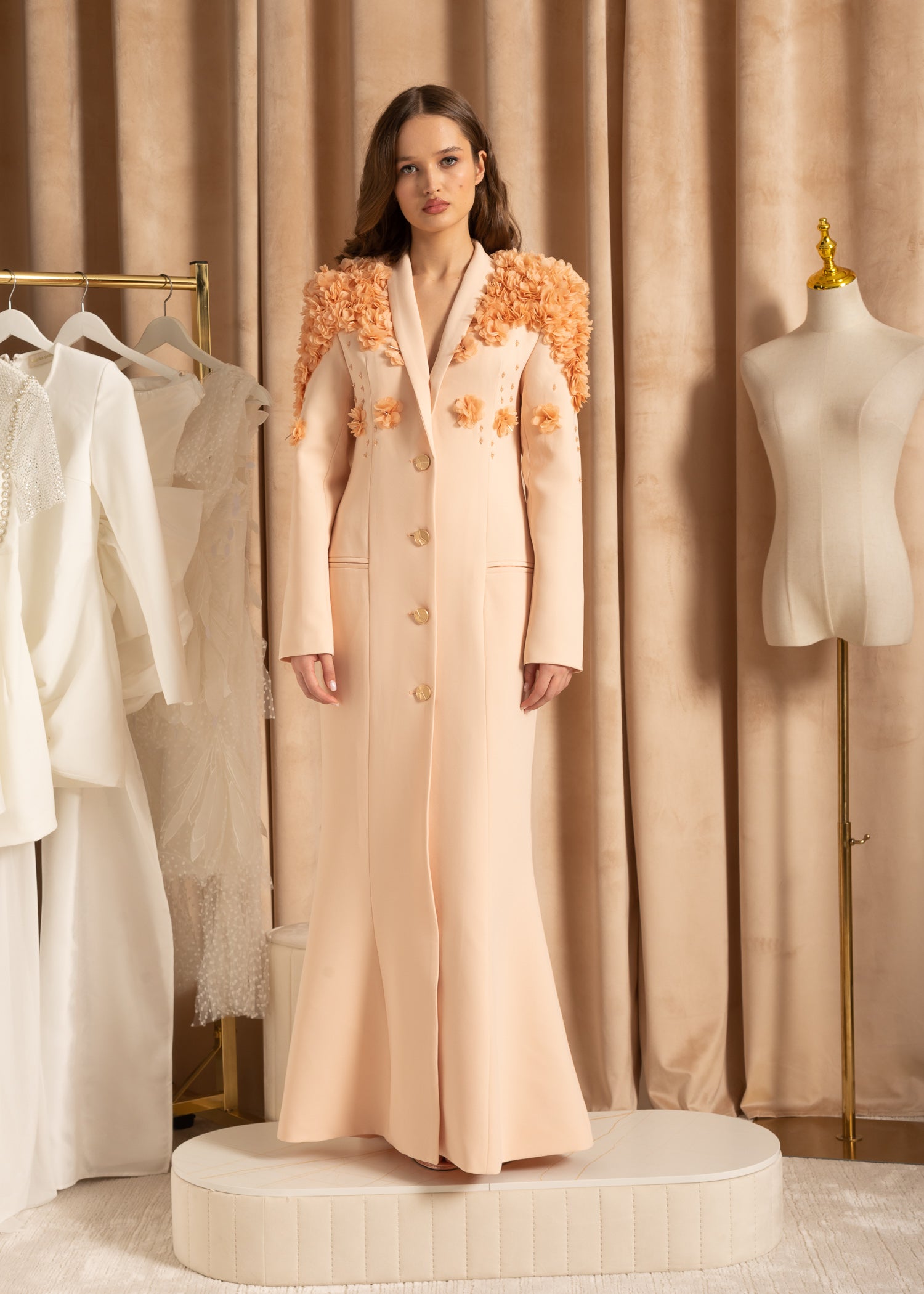 Elegant Overcoat With Textured Floral Shoulder Design - Beige