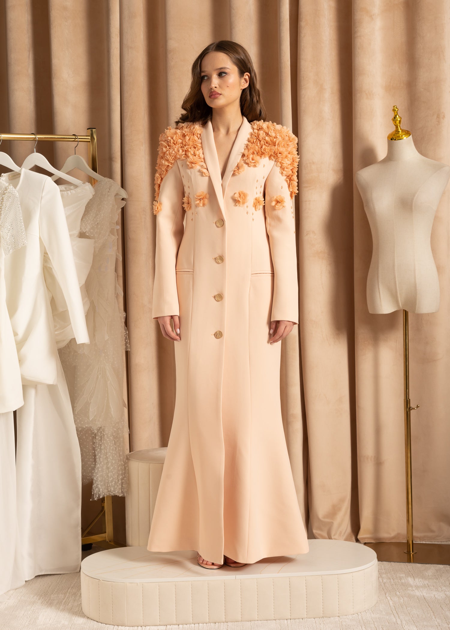 Elegant Overcoat With Textured Floral Shoulder Design - Beige