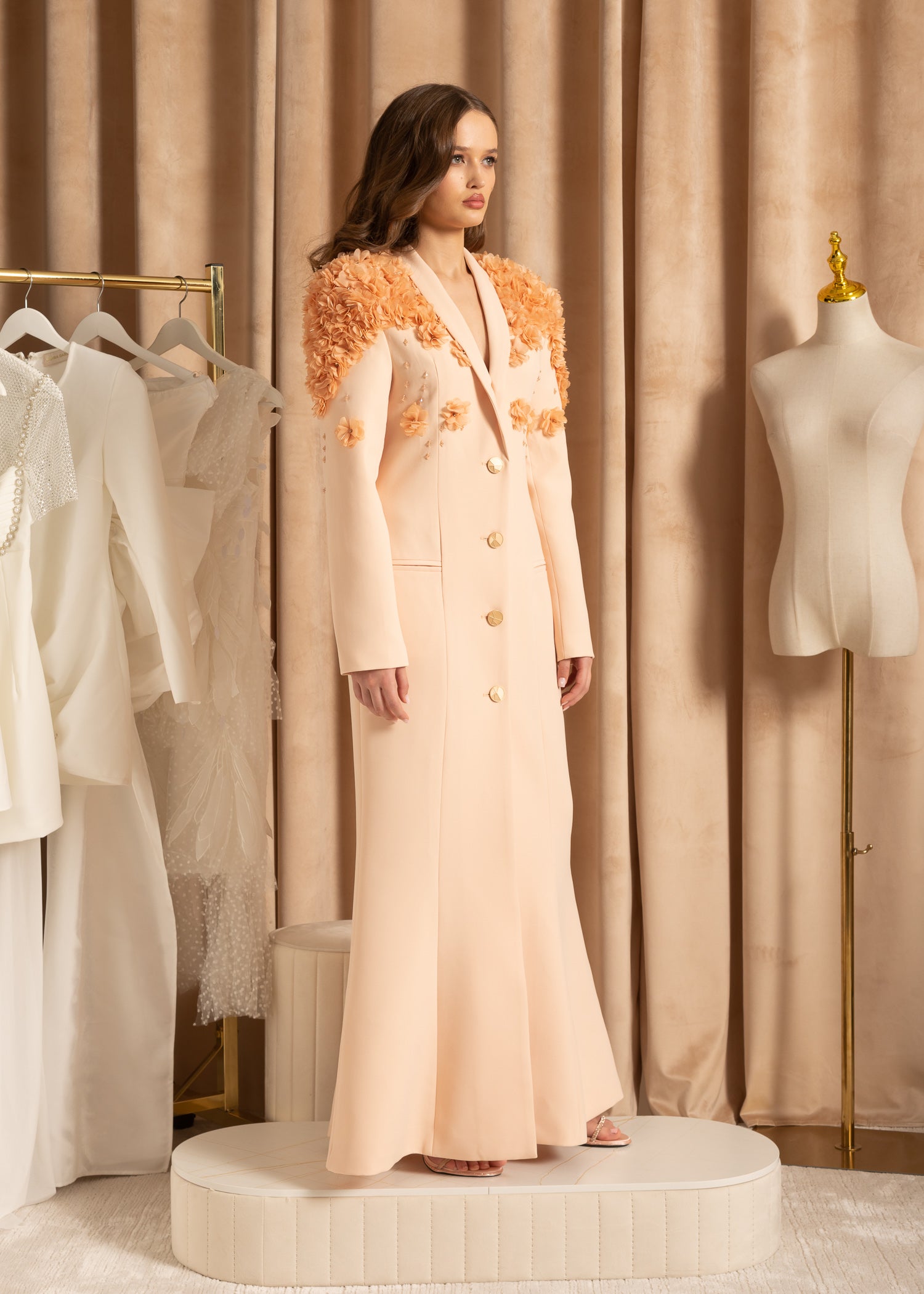 Elegant Overcoat With Textured Floral Shoulder Design - Beige