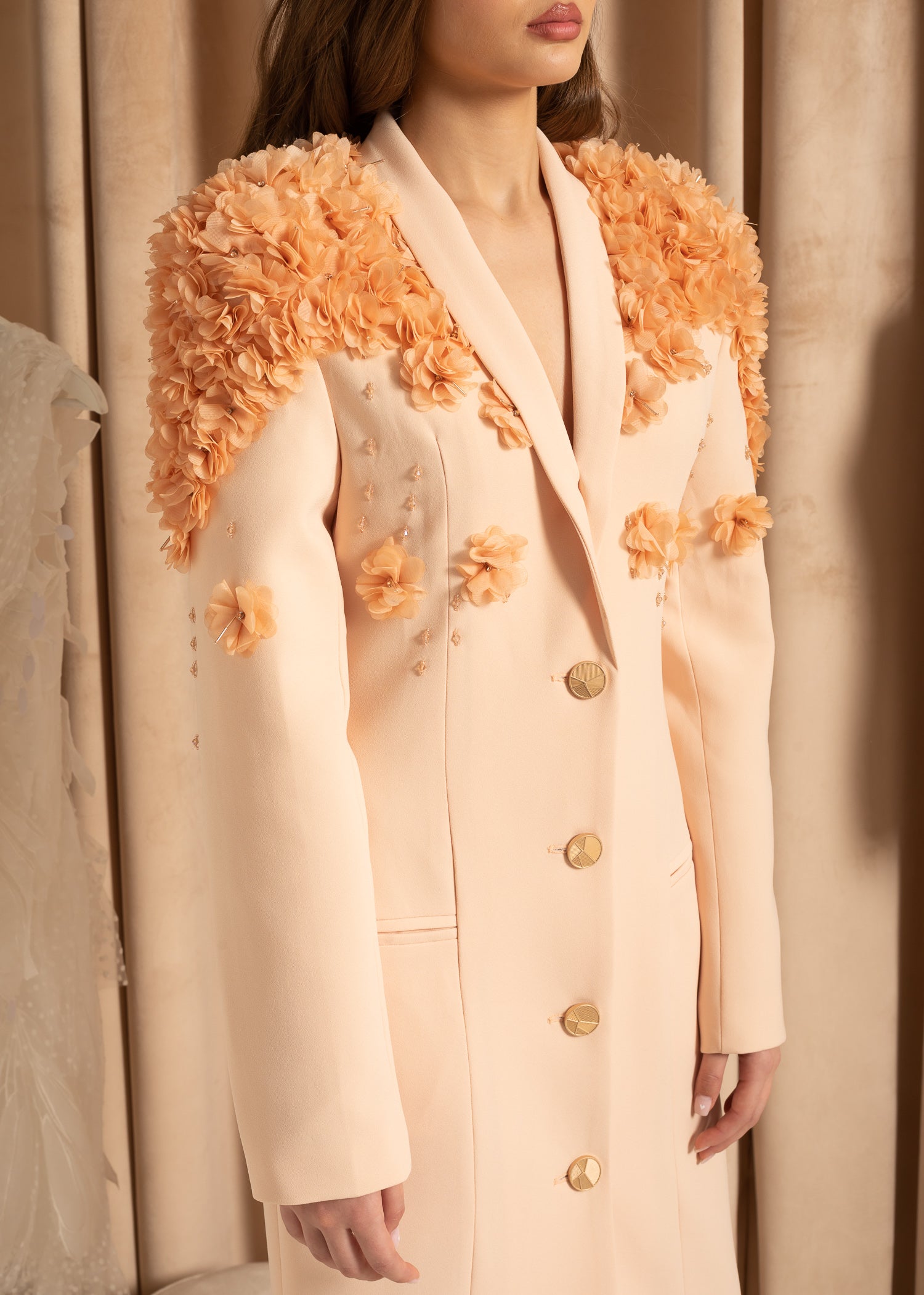 Elegant Overcoat With Textured Floral Shoulder Design - Beige