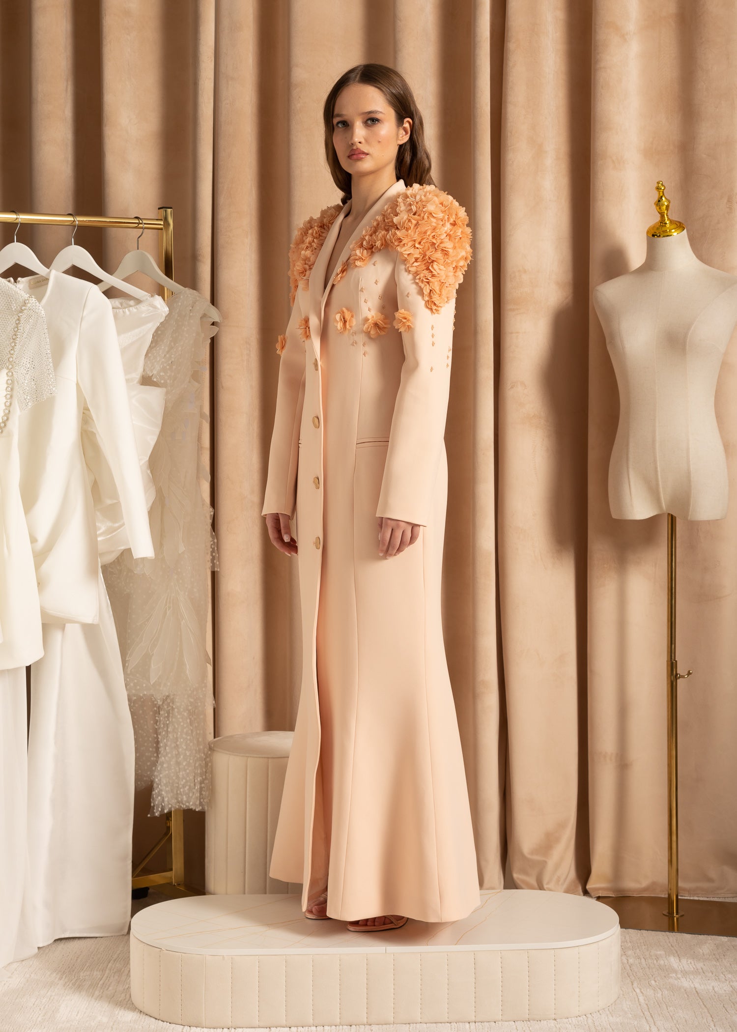 Elegant Overcoat With Textured Floral Shoulder Design - Beige