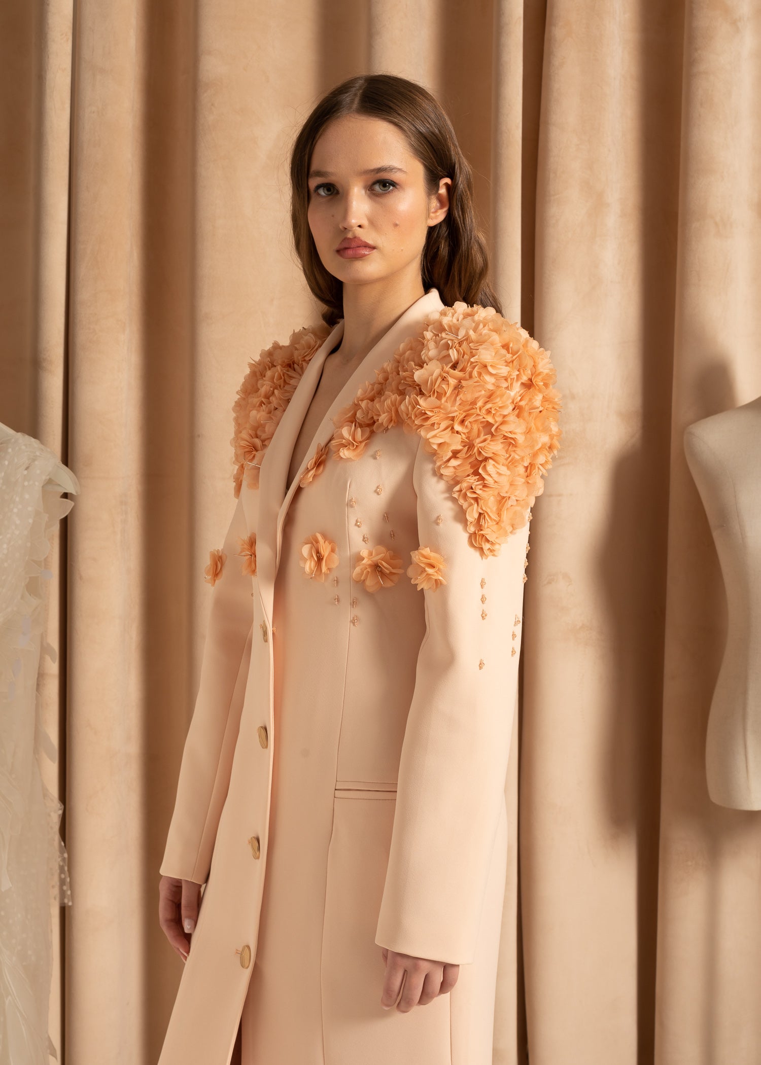 Elegant Overcoat With Textured Floral Shoulder Design - Beige