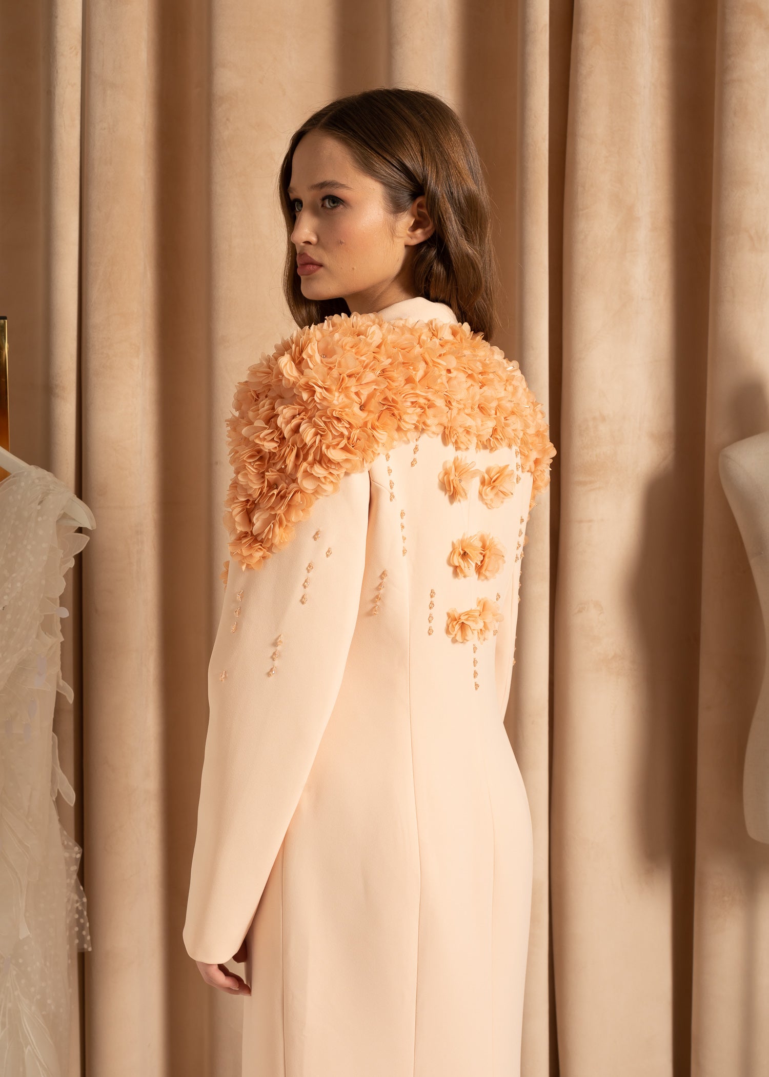 Elegant Overcoat With Textured Floral Shoulder Design - Beige