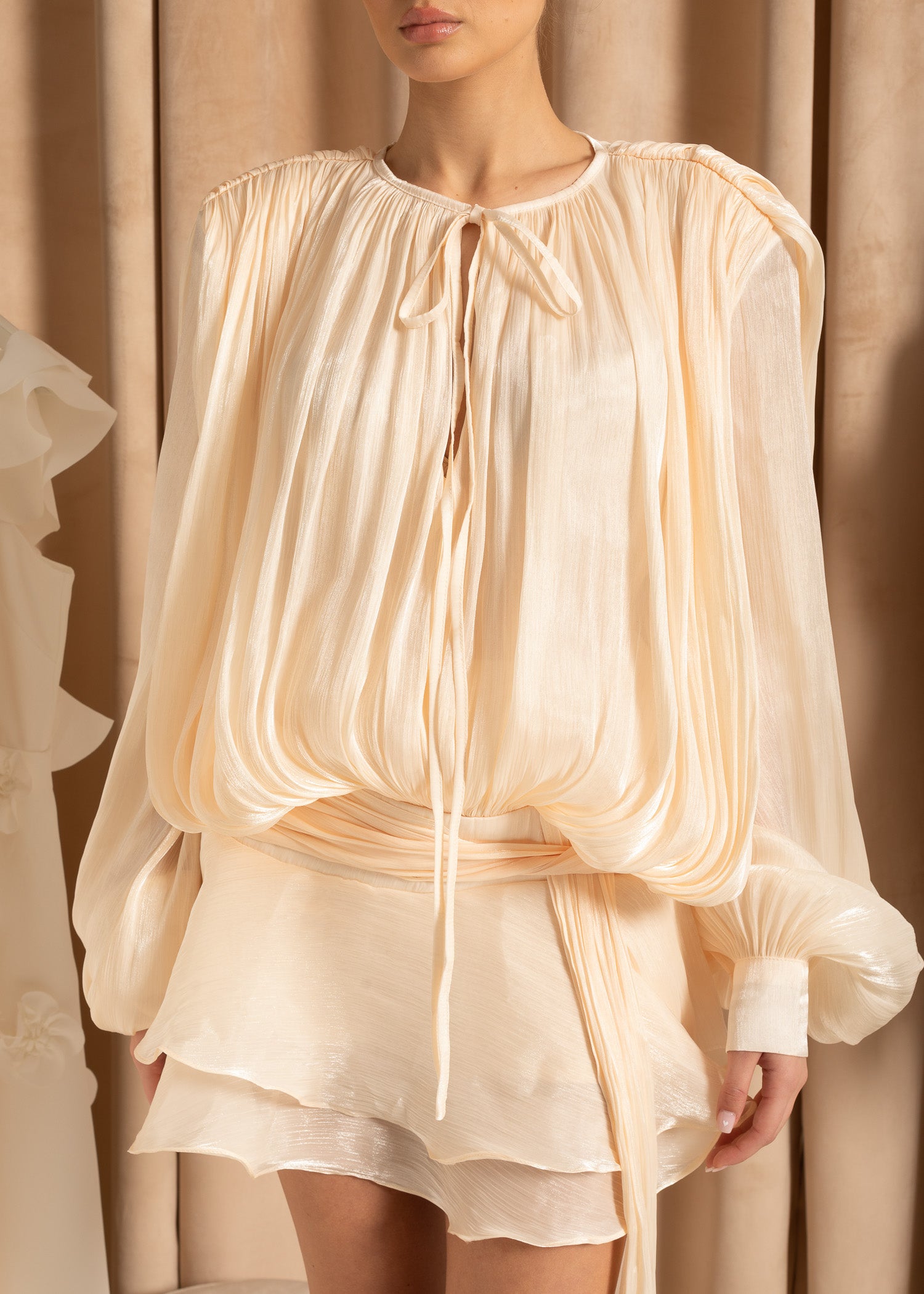 Flowing Long-Sleeved Mini Dress with Matching Waistband - Apricot