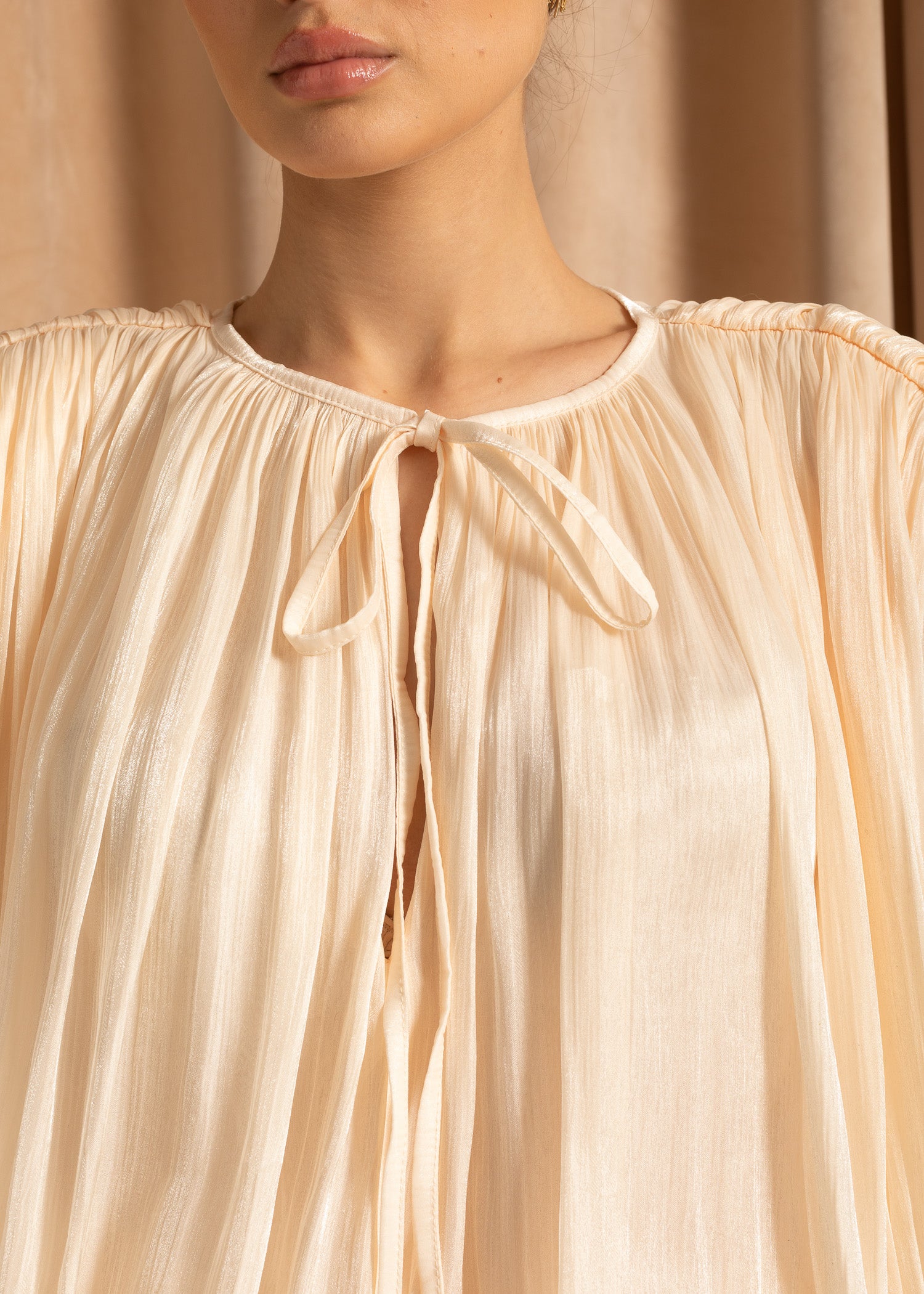 Flowing Long-Sleeved Mini Dress with Matching Waistband - Apricot