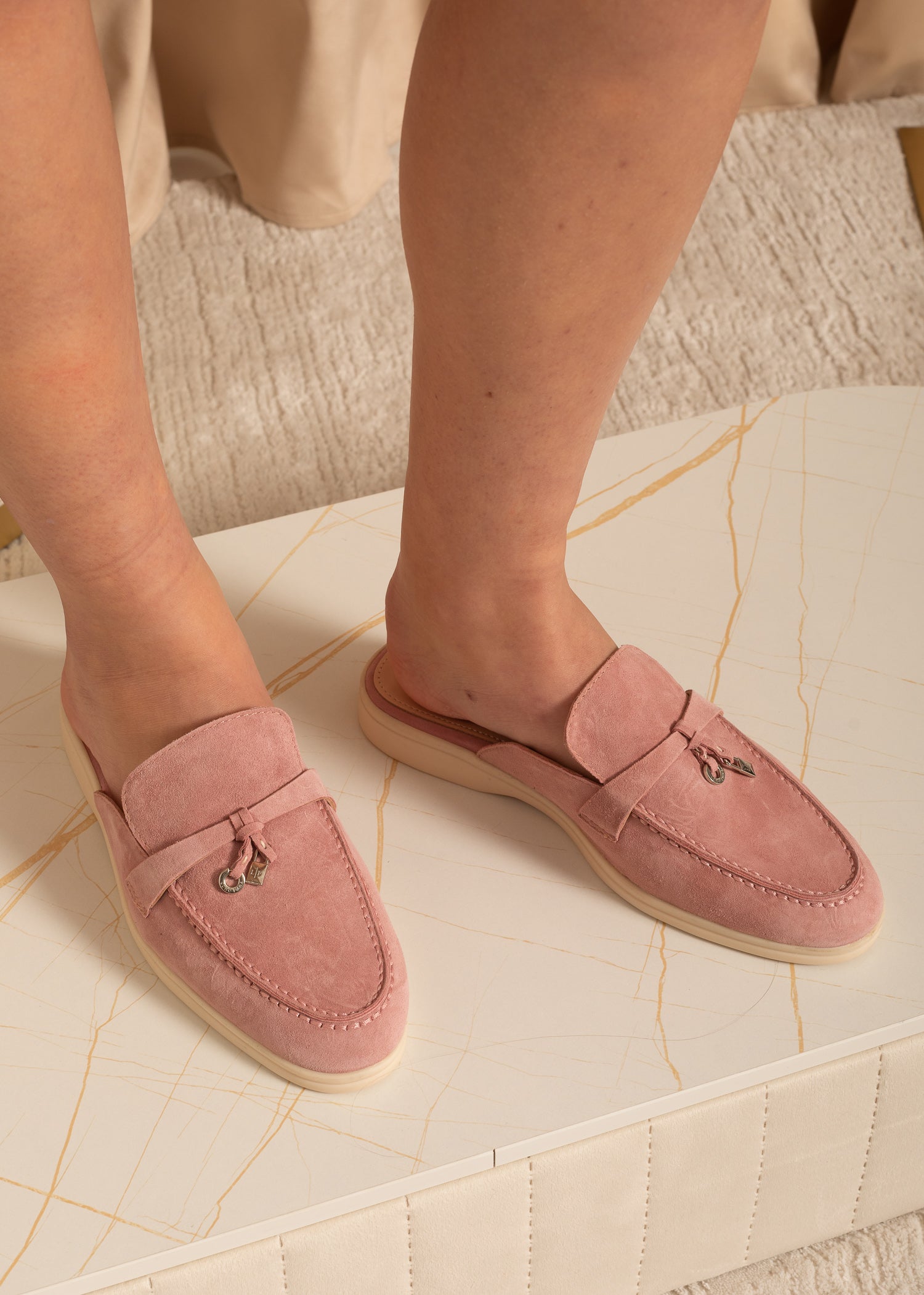 Suede Loafers With Metallic Embellishments - Pink