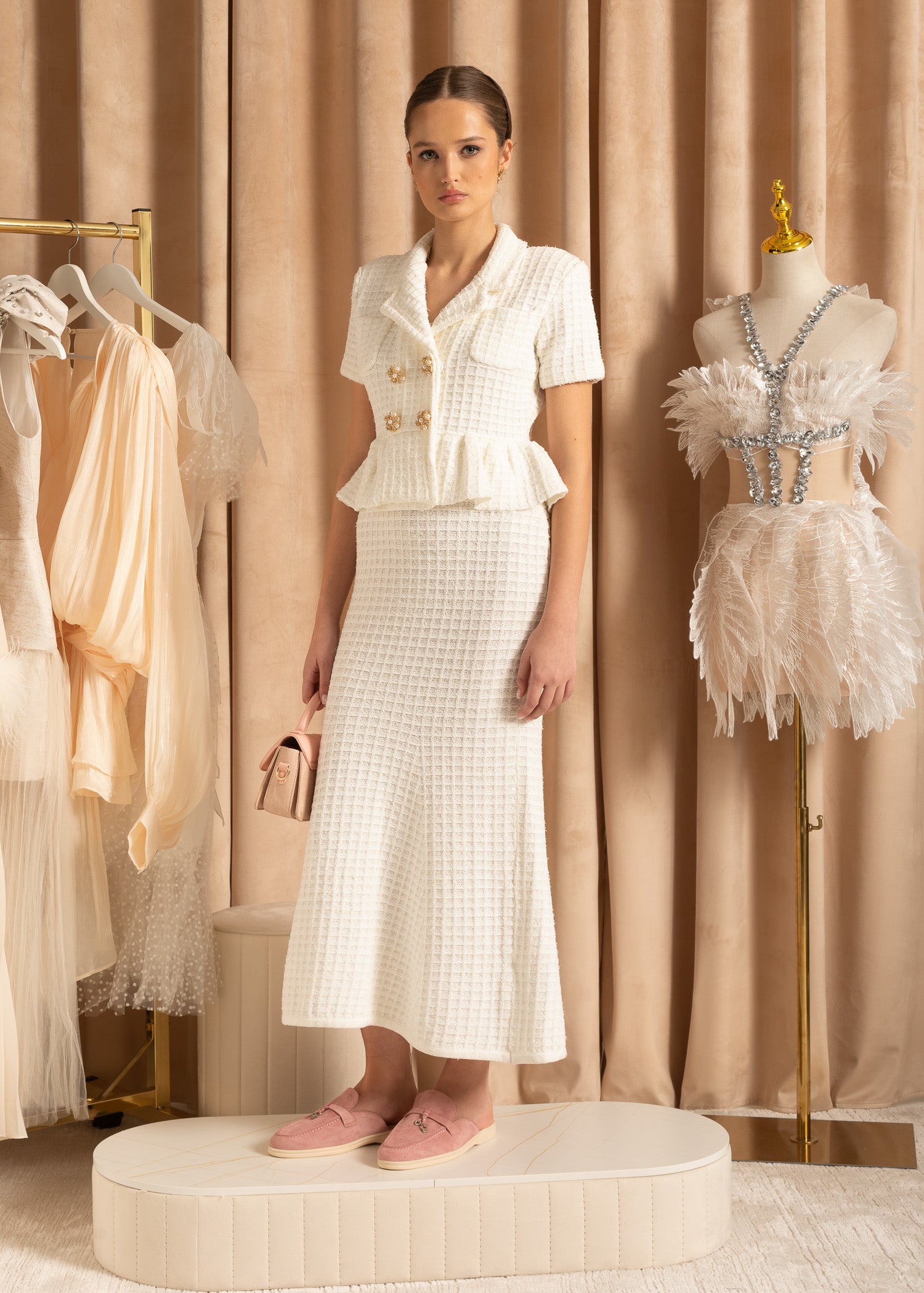 Knitted Midi Dress With Gold Buttons And Peplum Waist - White