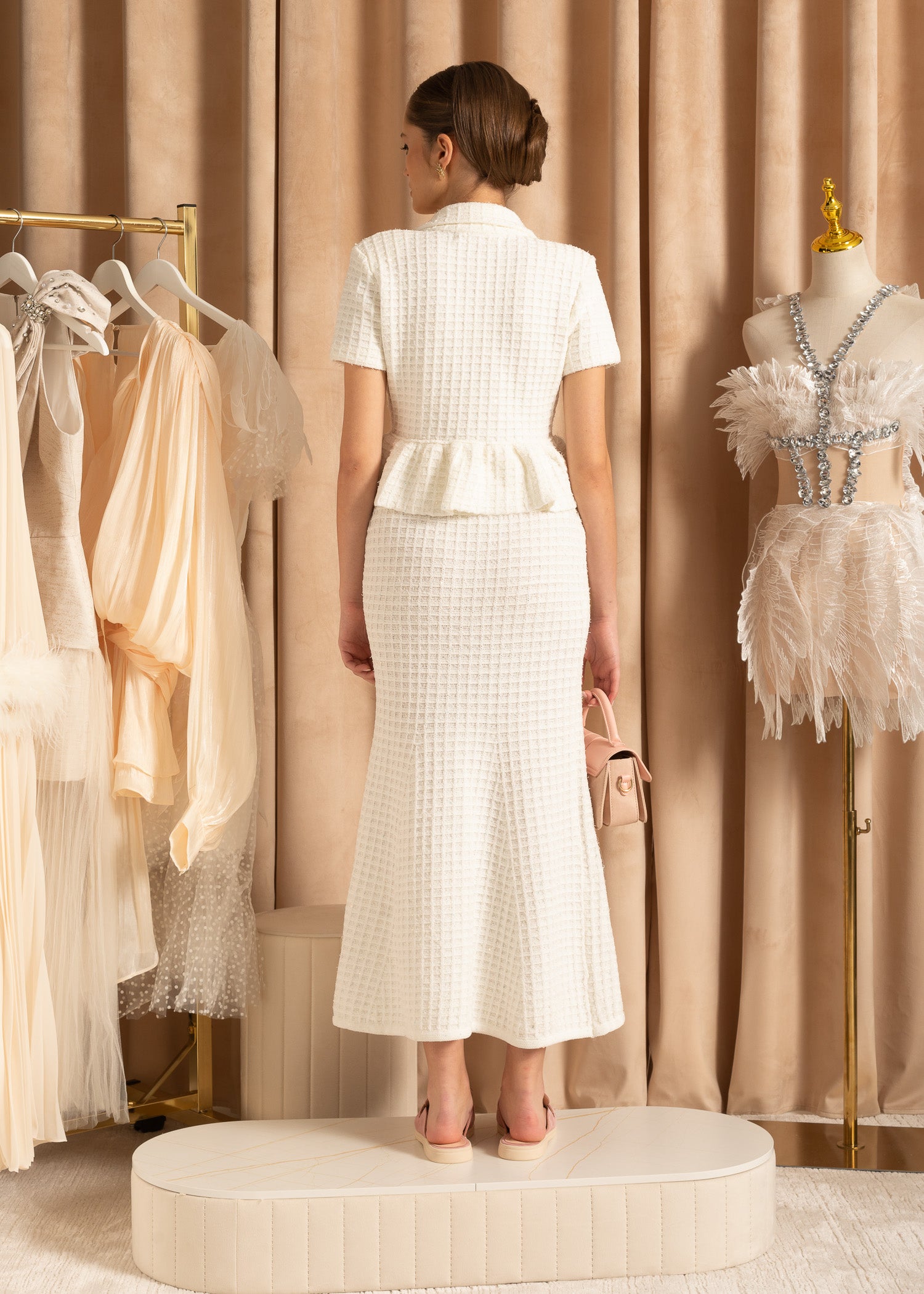 Knitted Midi Dress With Gold Buttons And Peplum Waist - White