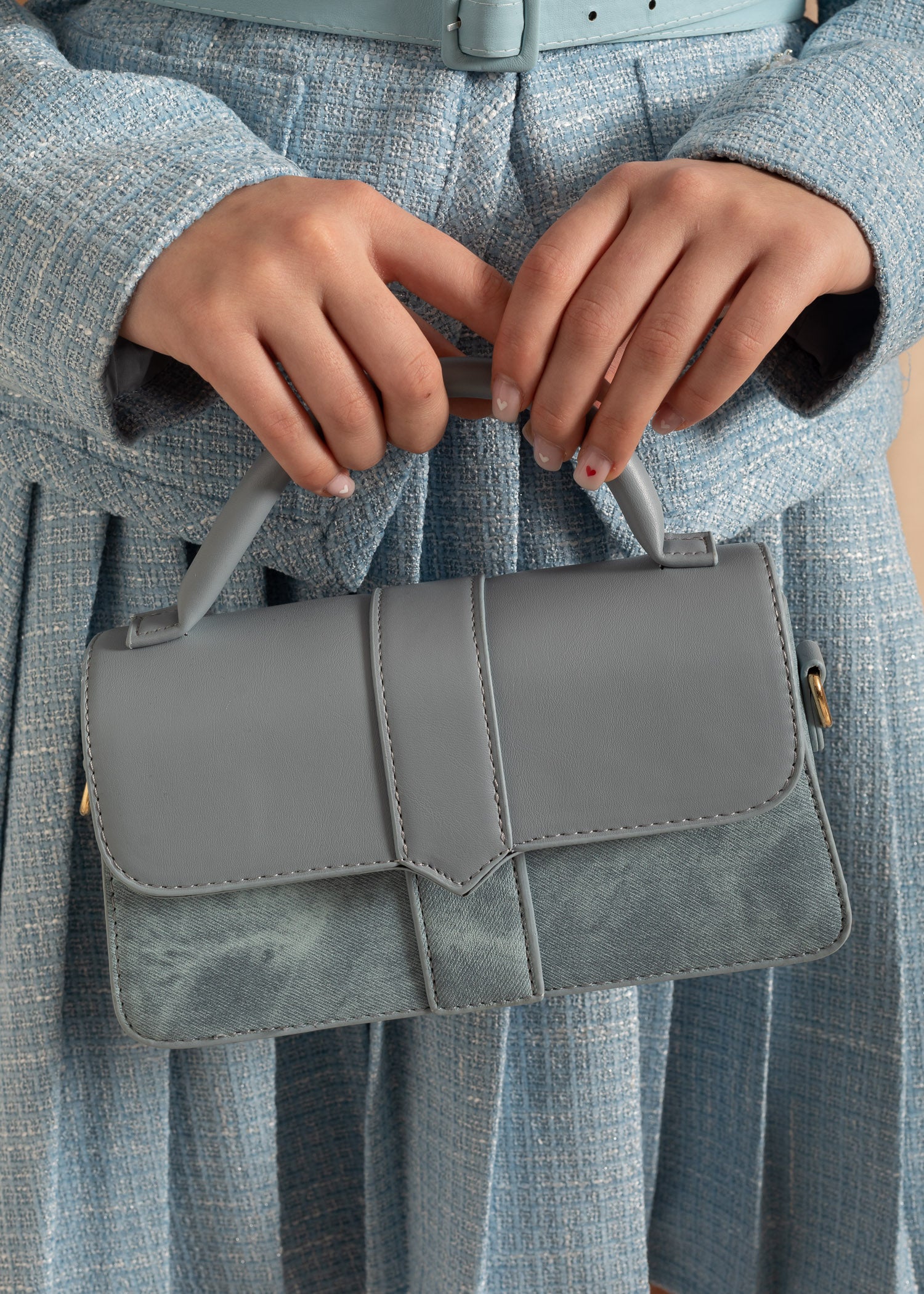 Bicolor Handbag With Contrasting Textures - Blue