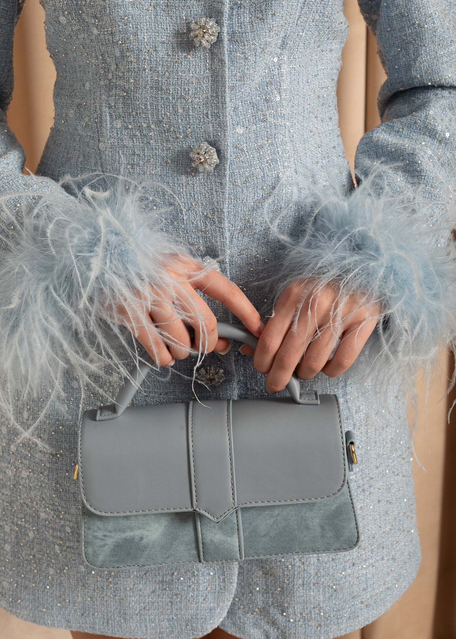 Bicolor Handbag With Contrasting Textures - Blue