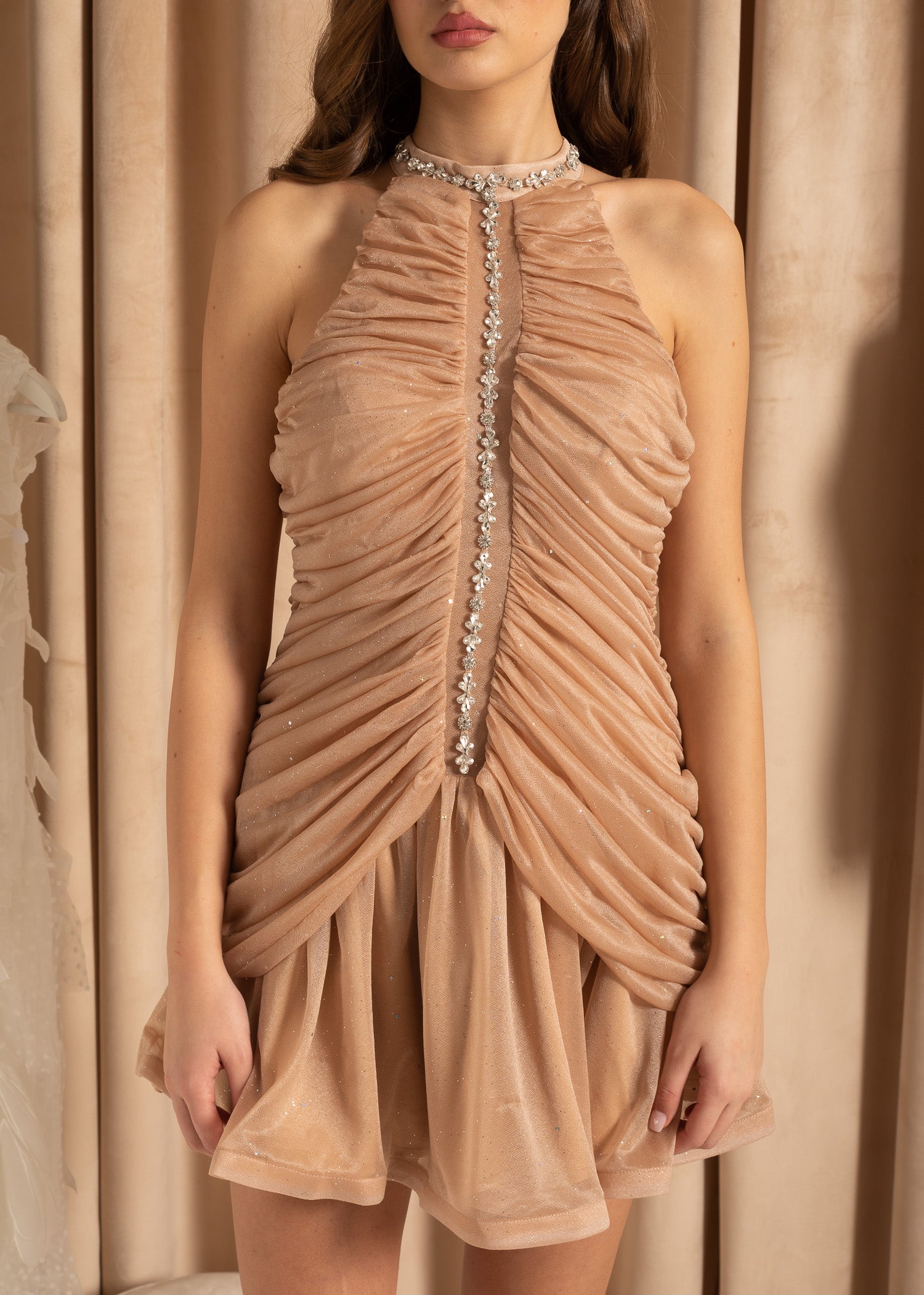 Mini Pleated Tulle Dress with Silver Accents - Beige