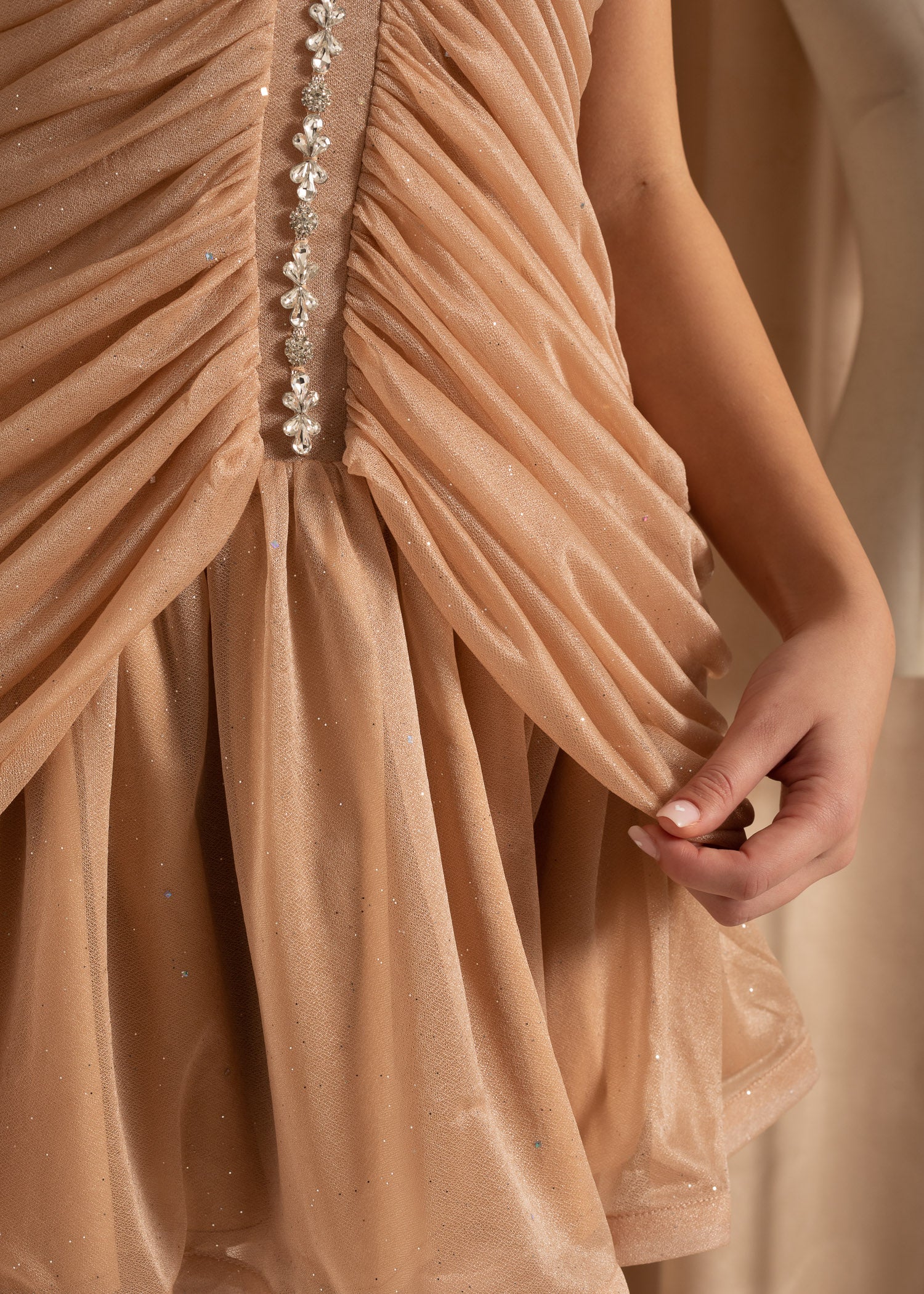 Mini Pleated Tulle Dress with Silver Accents - Beige