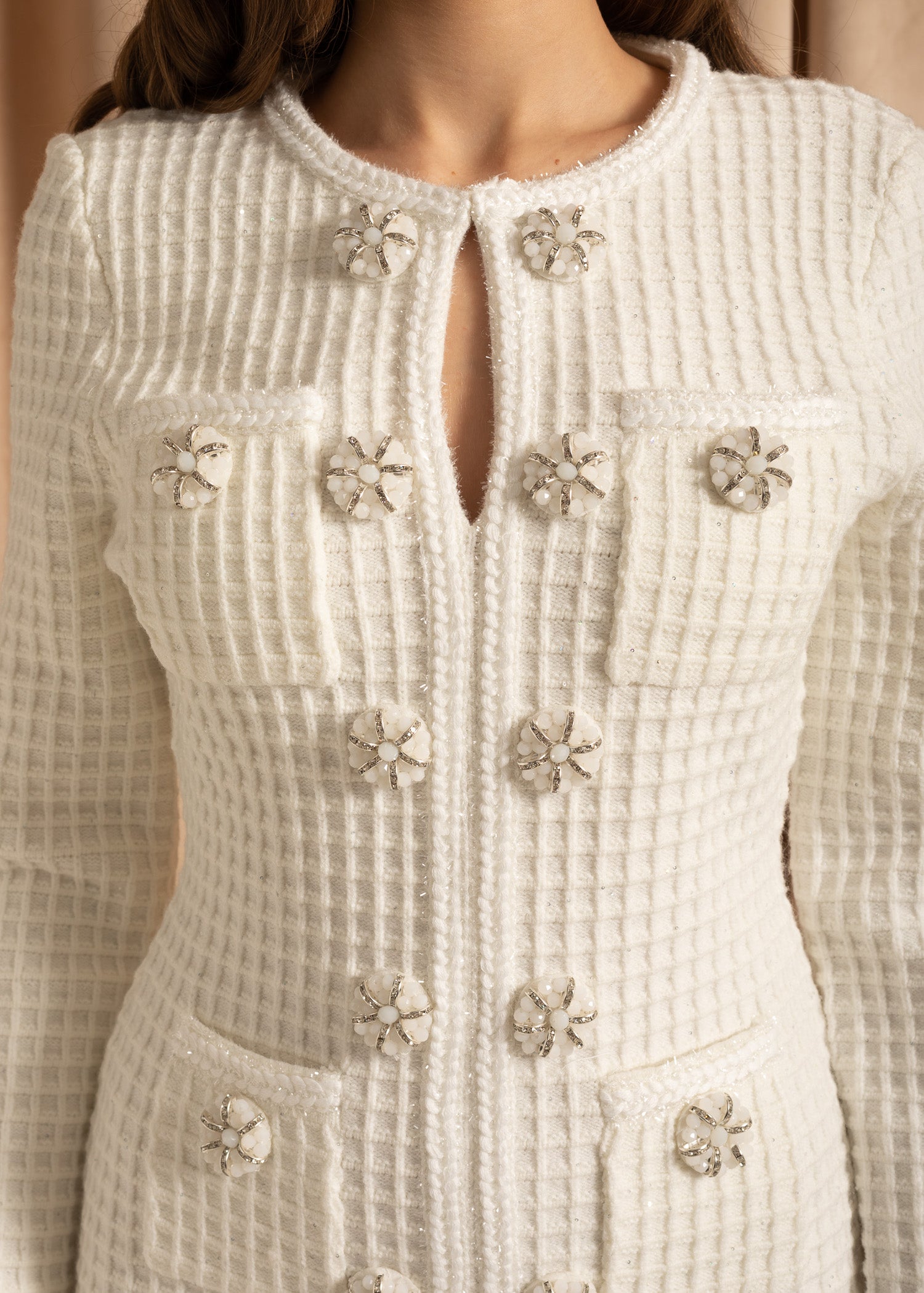 Long Sleeve Knee-Length Knitted Dress - White