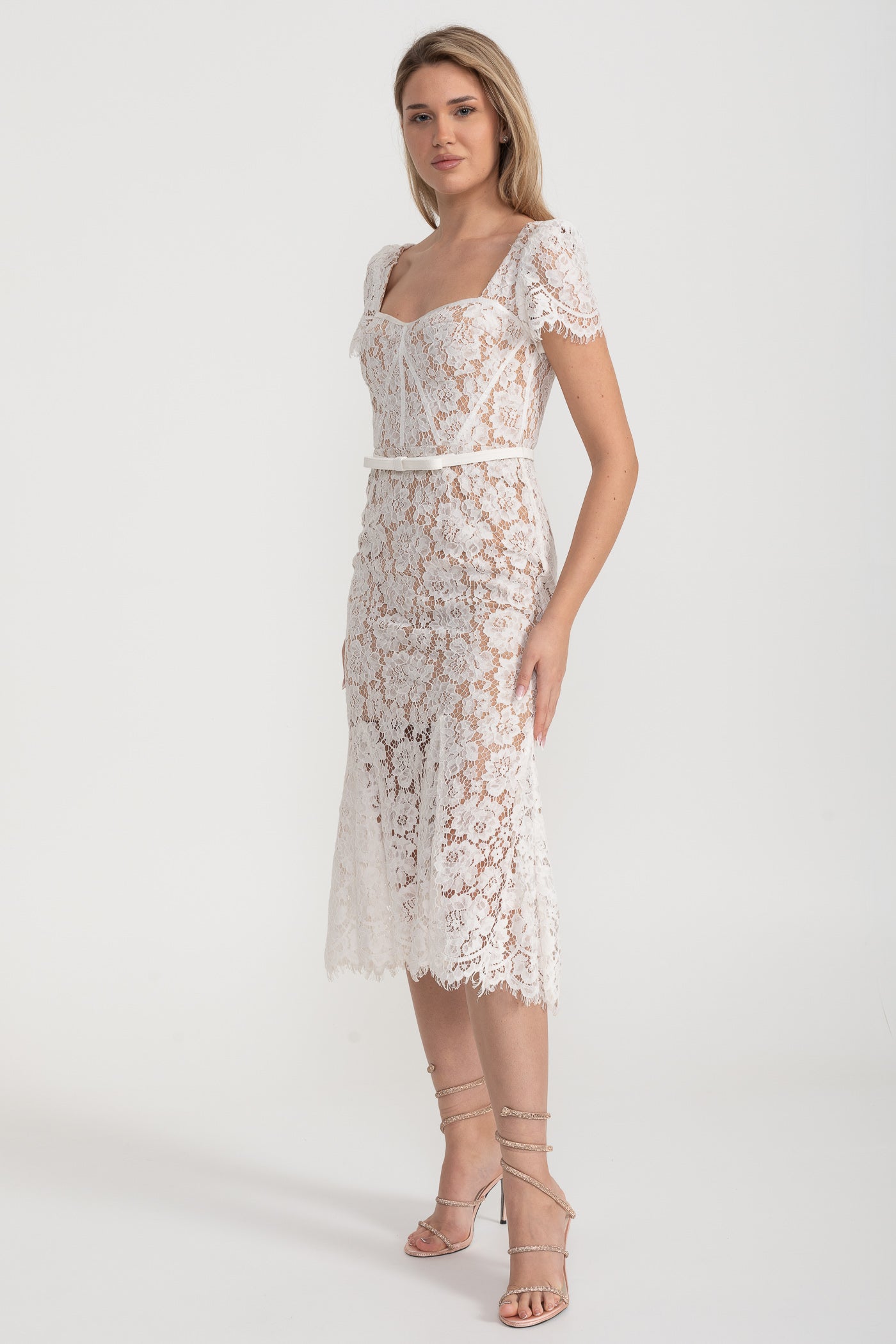 Lace Midi Dress with Sweetheart Neckline and Short Sleeves - White