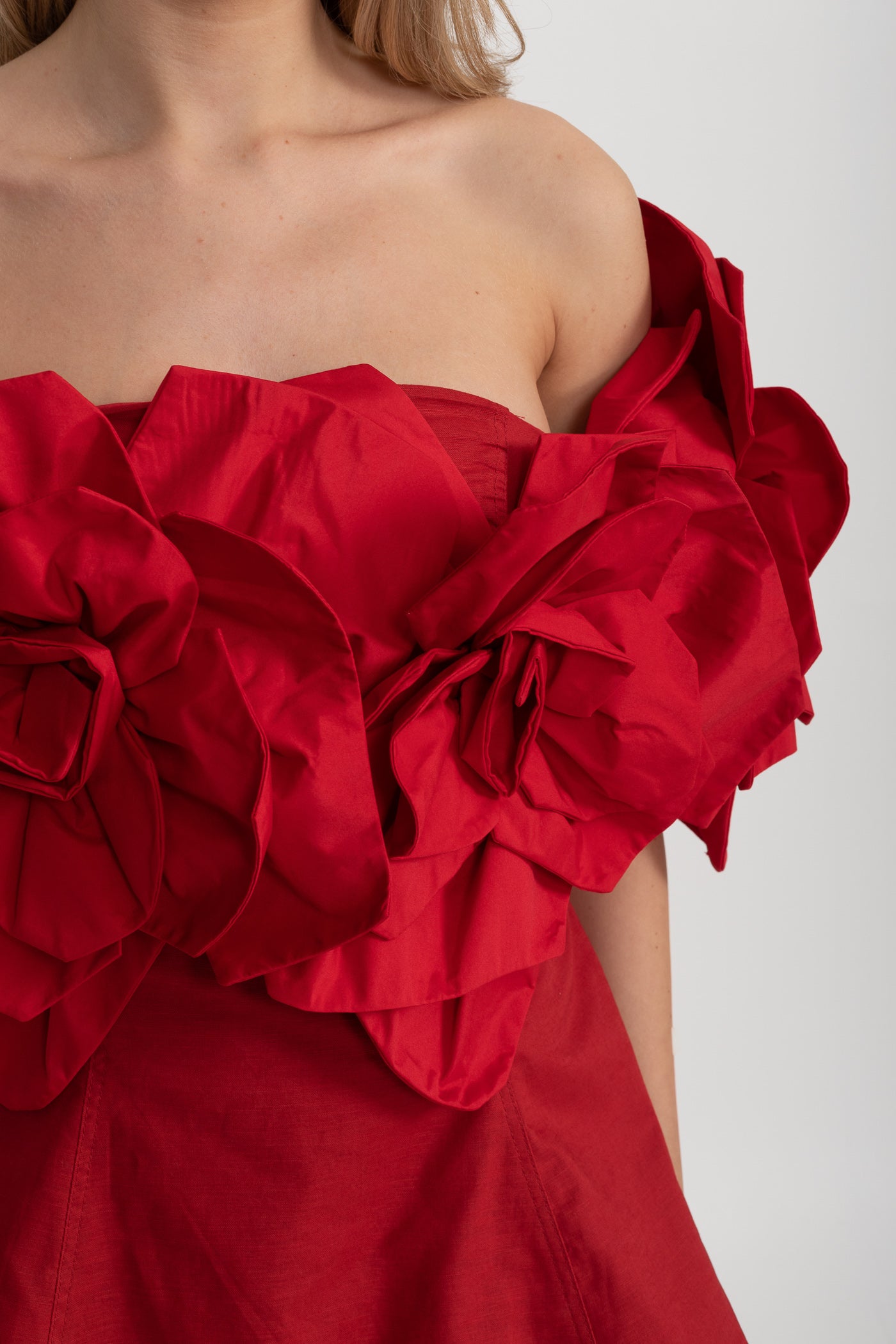 Off-Shoulder Mini Dress with Oversized Floral Appliqués - Red