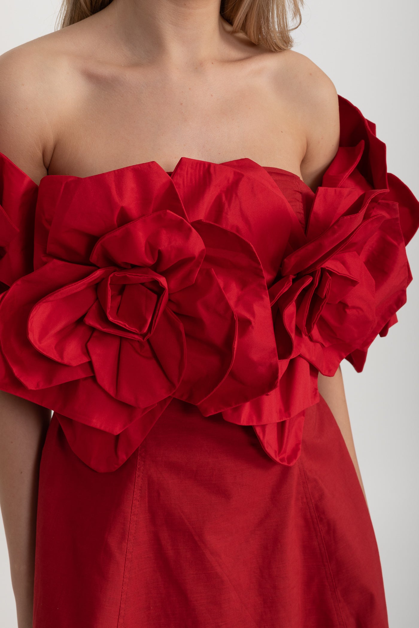 Off-Shoulder Mini Dress with Oversized Floral Appliqués - Red