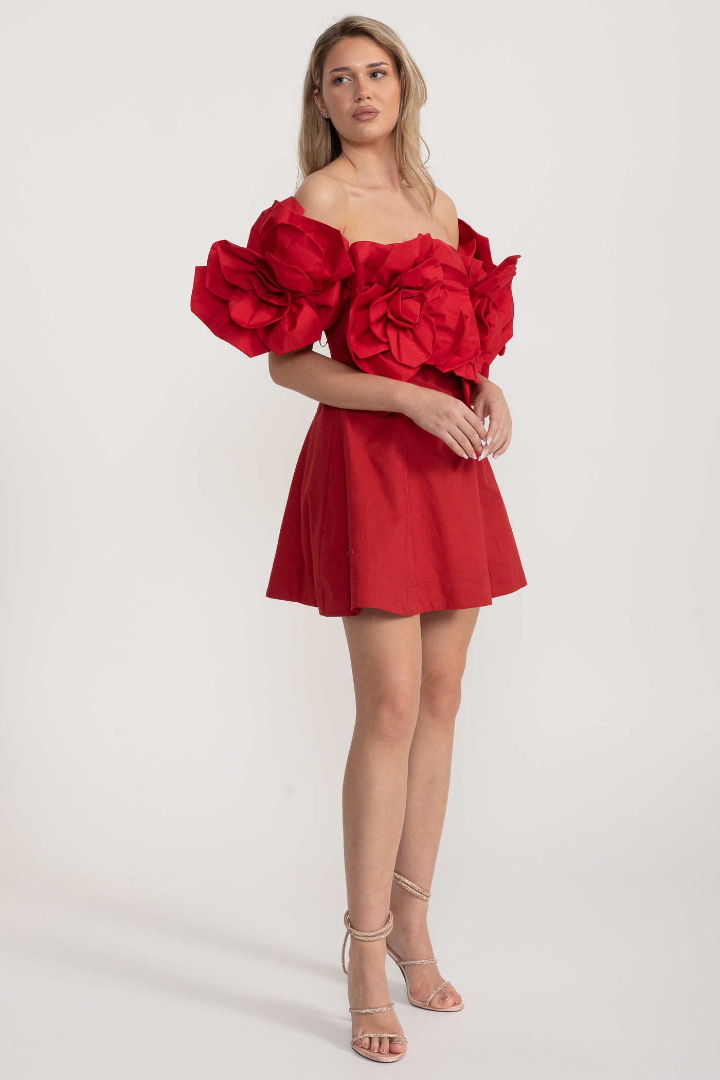 Off-Shoulder Mini Dress with Oversized Floral Appliqués - Red