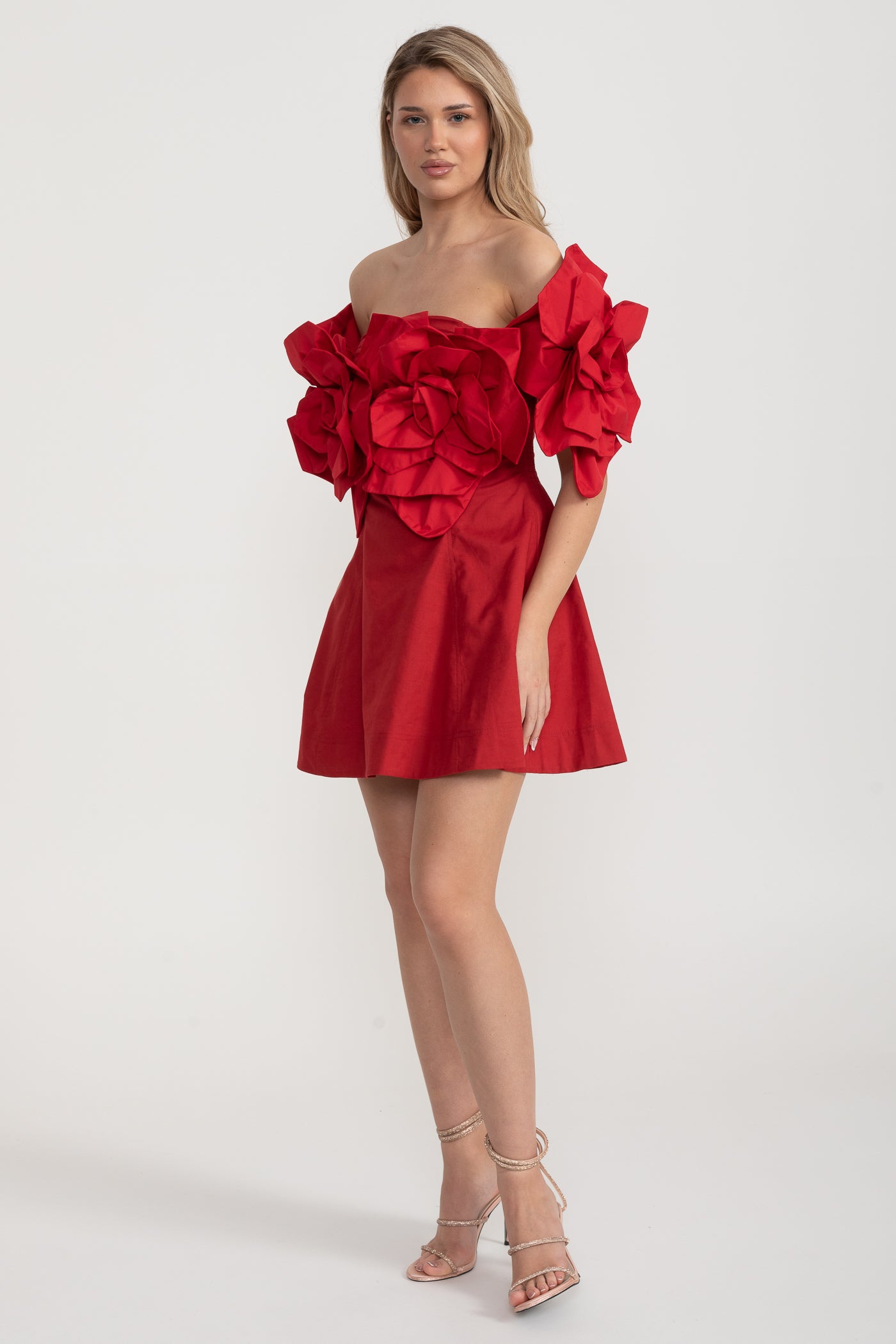 Off-Shoulder Mini Dress with Oversized Floral Appliqués - Red