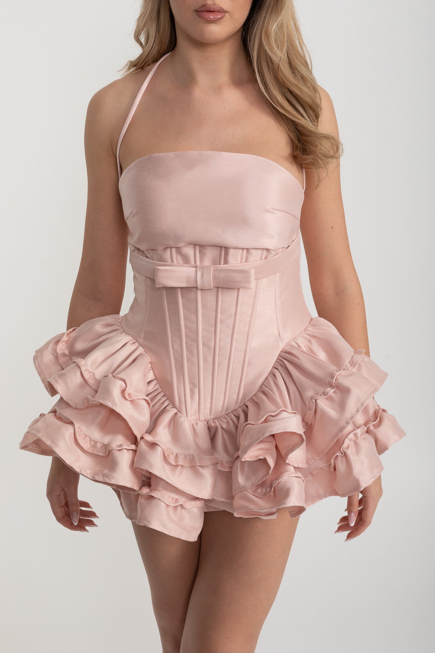 Halter Mini Dress with Corset Bodice and Ruffled Skirt - Pink