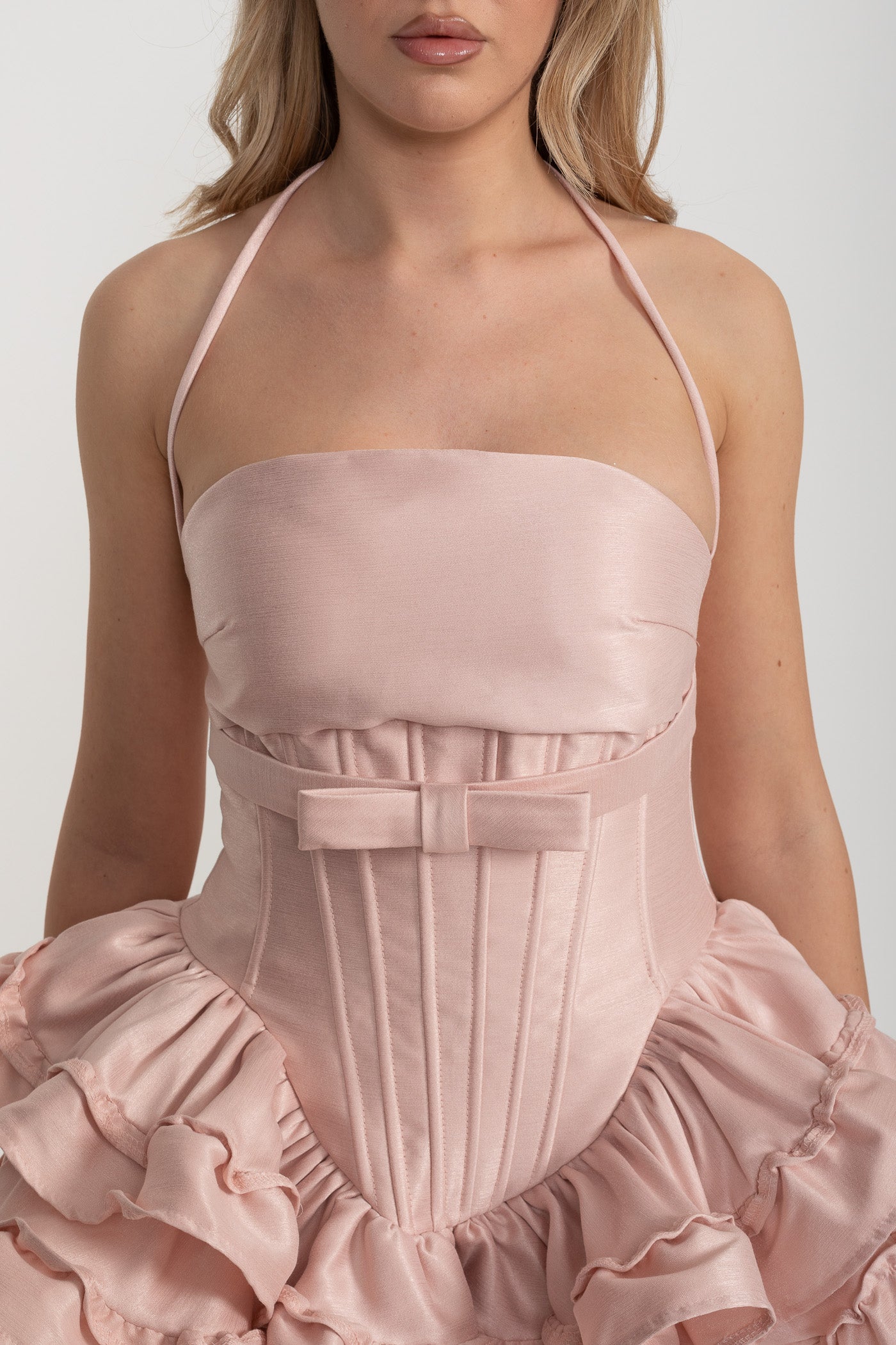 Halter Mini Dress with Corset Bodice and Ruffled Skirt - Pink