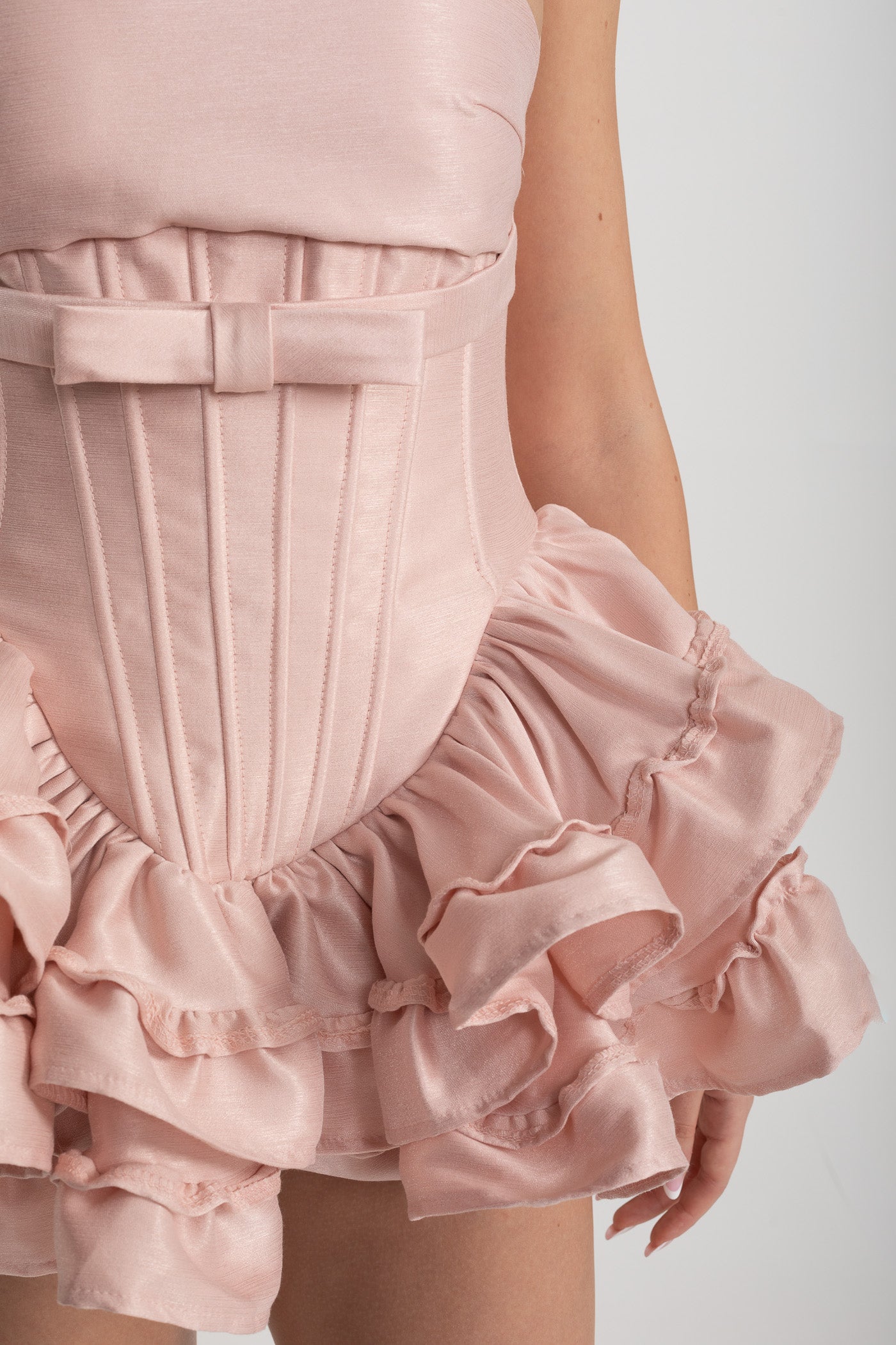Halter Mini Dress with Corset Bodice and Ruffled Skirt - Pink