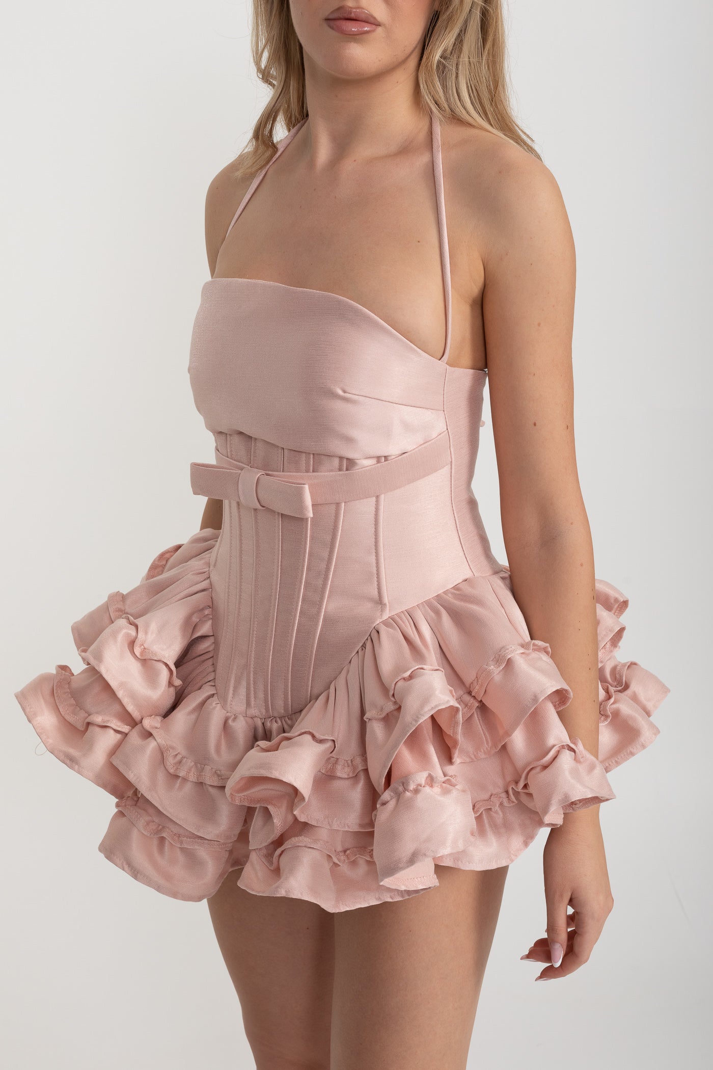Halter Mini Dress with Corset Bodice and Ruffled Skirt - Pink