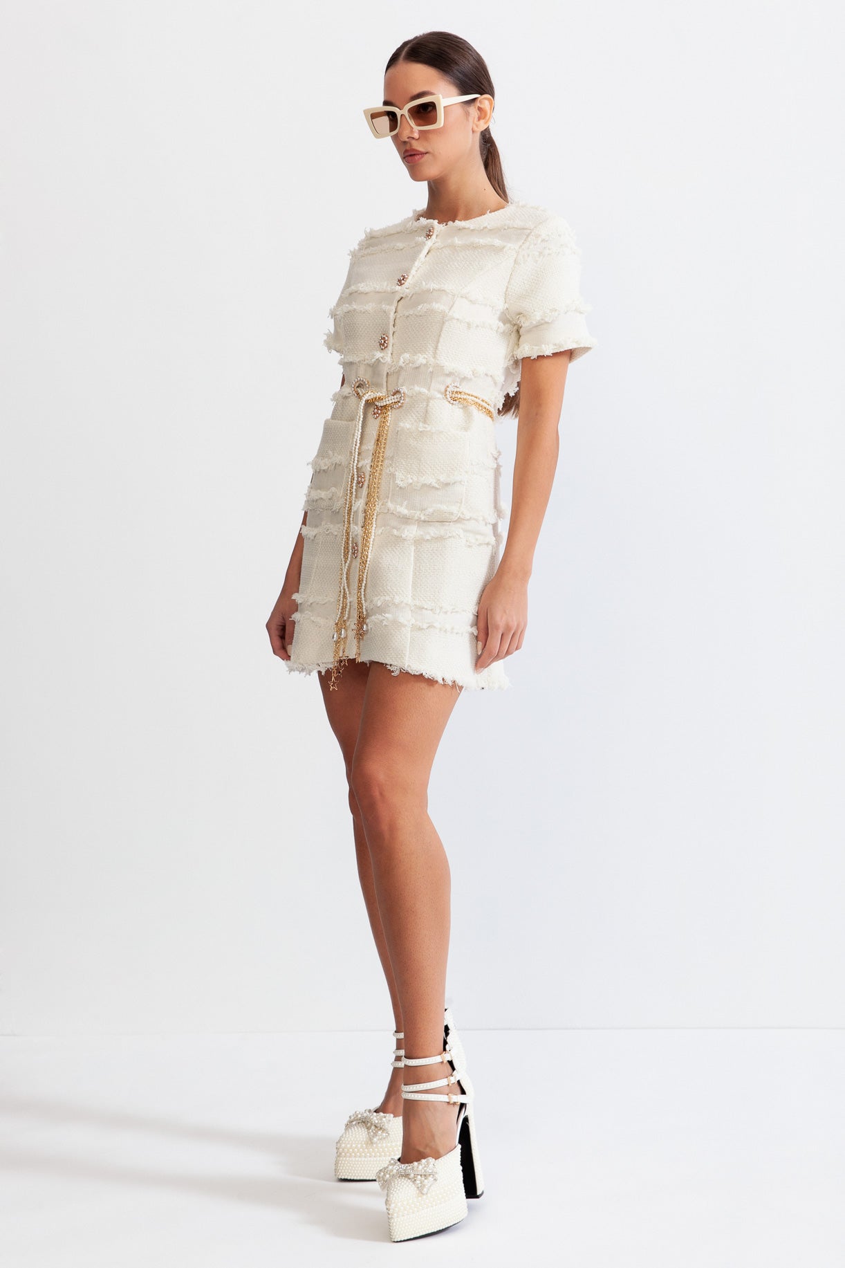 Tweed Dress With Golden Chains And Pearls - Beige